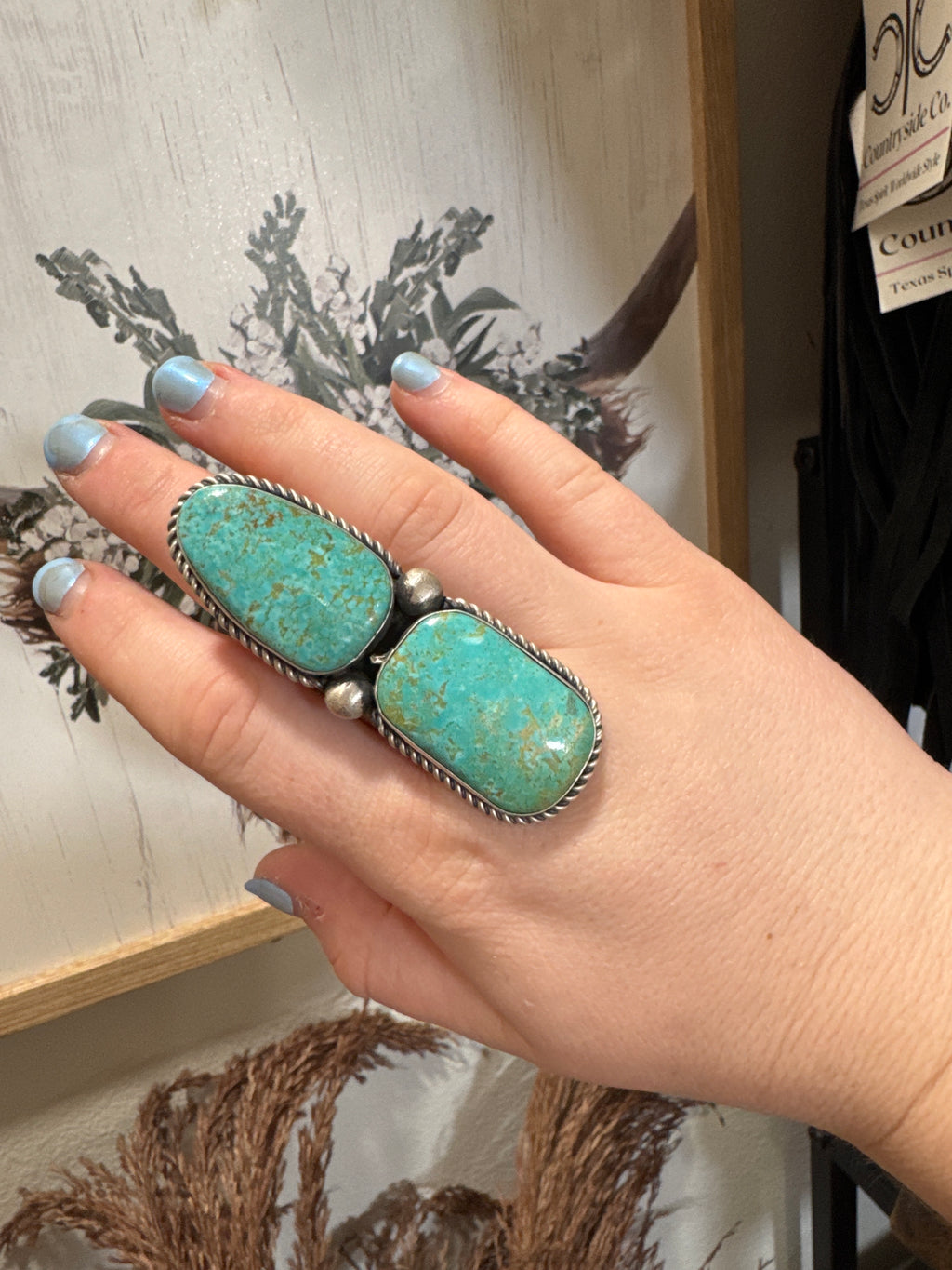Kingman Turquoise Two-Stoned Ring by Lu Silversmith
