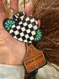 Spade Checkered Tooled Leather & Cowhide Keychain