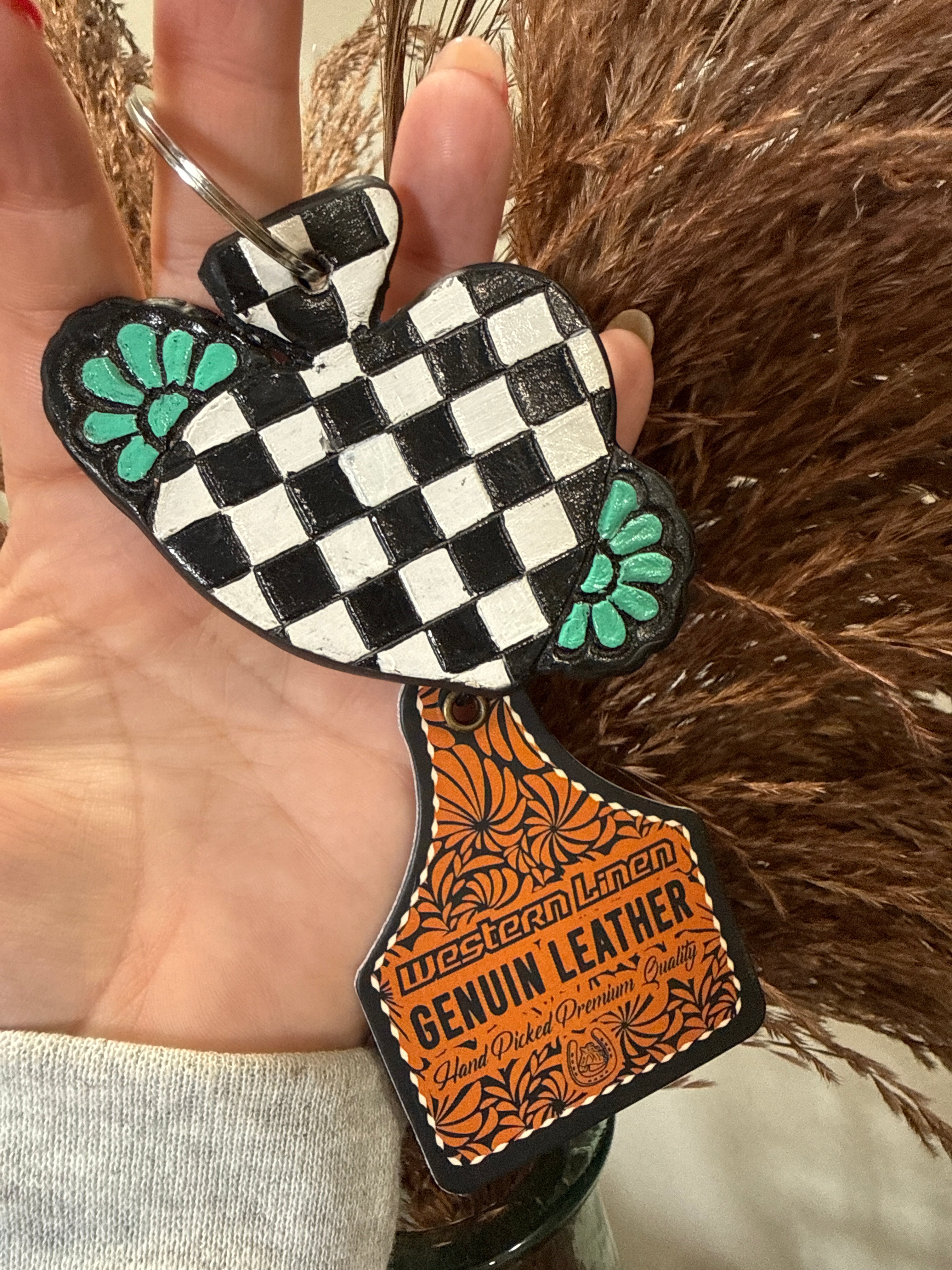 Spade Checkered Tooled Leather & Cowhide Keychain