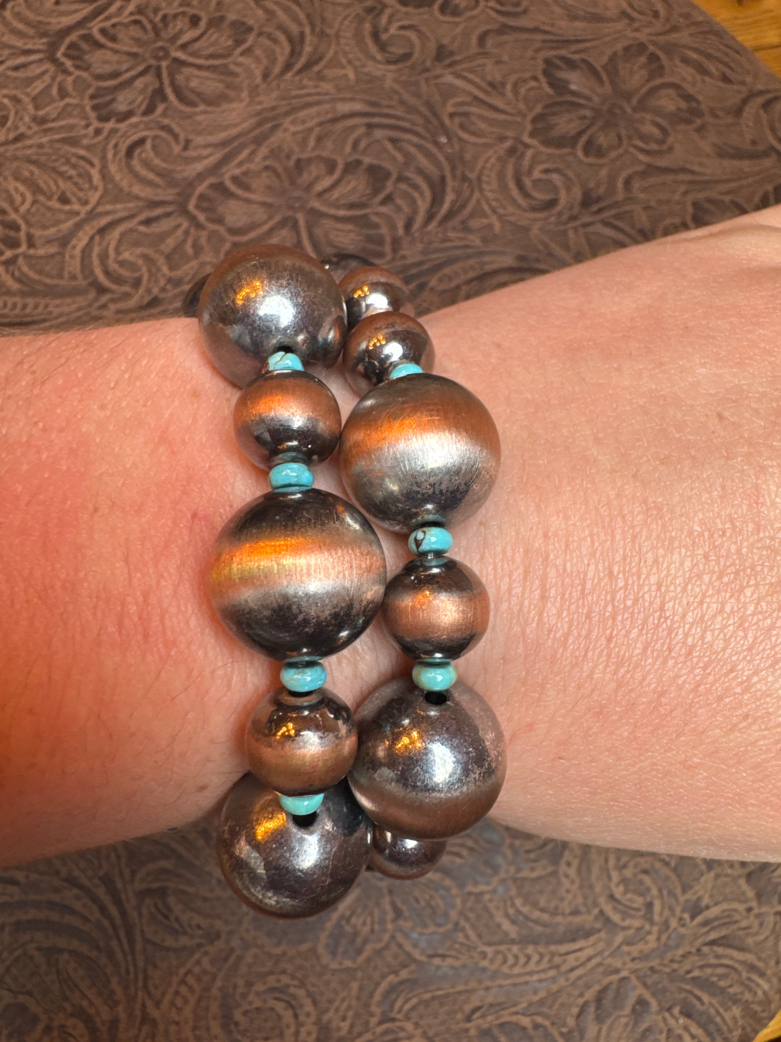 Oxidized 10MM Copper Pearls with Kingman Spacers Stretch Bracelet- Non-Native