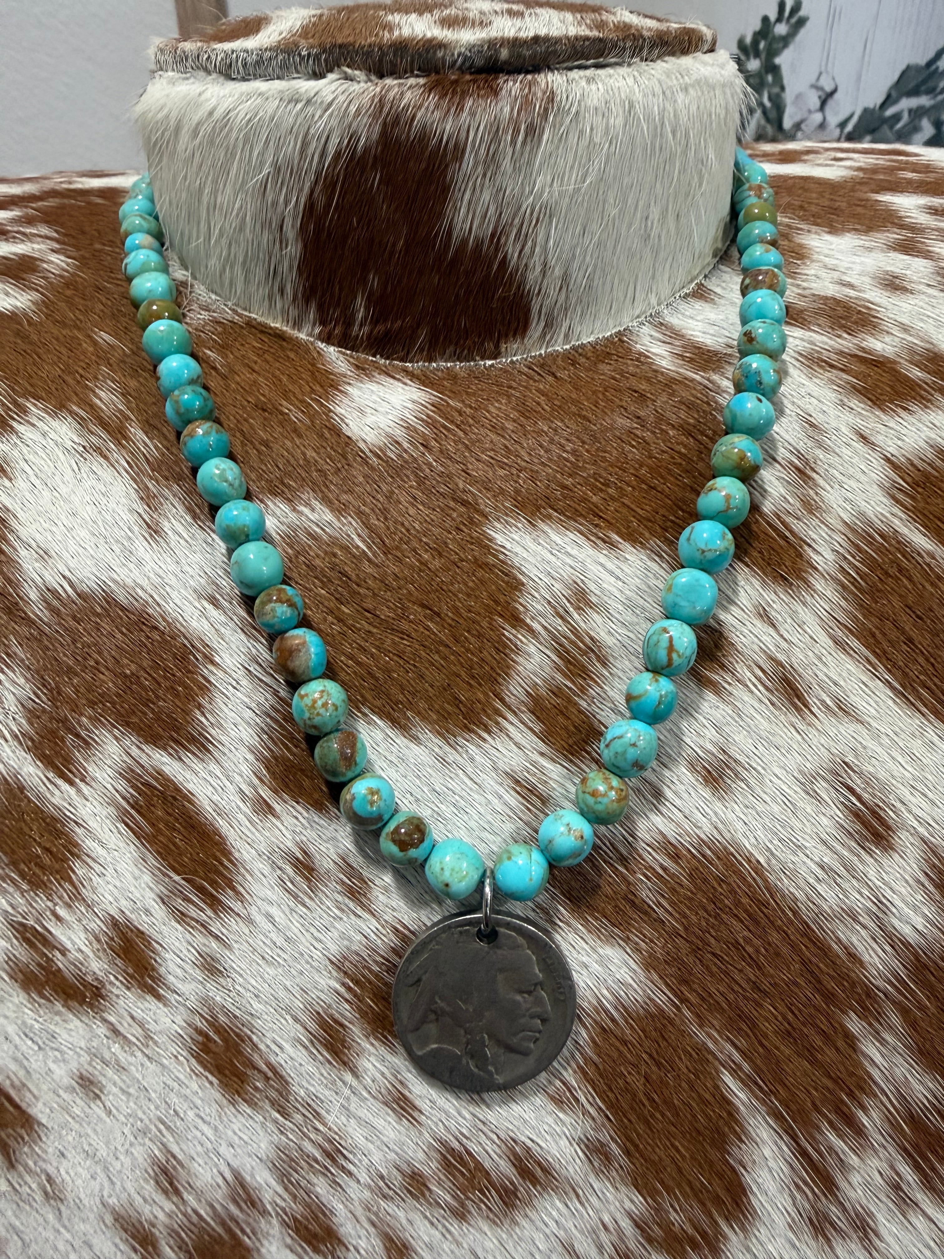 Kingman Turquoise 6-7mm Semi Round Beaded Necklace w/Buffalo Nickel Pendant - 16" *NON-Native