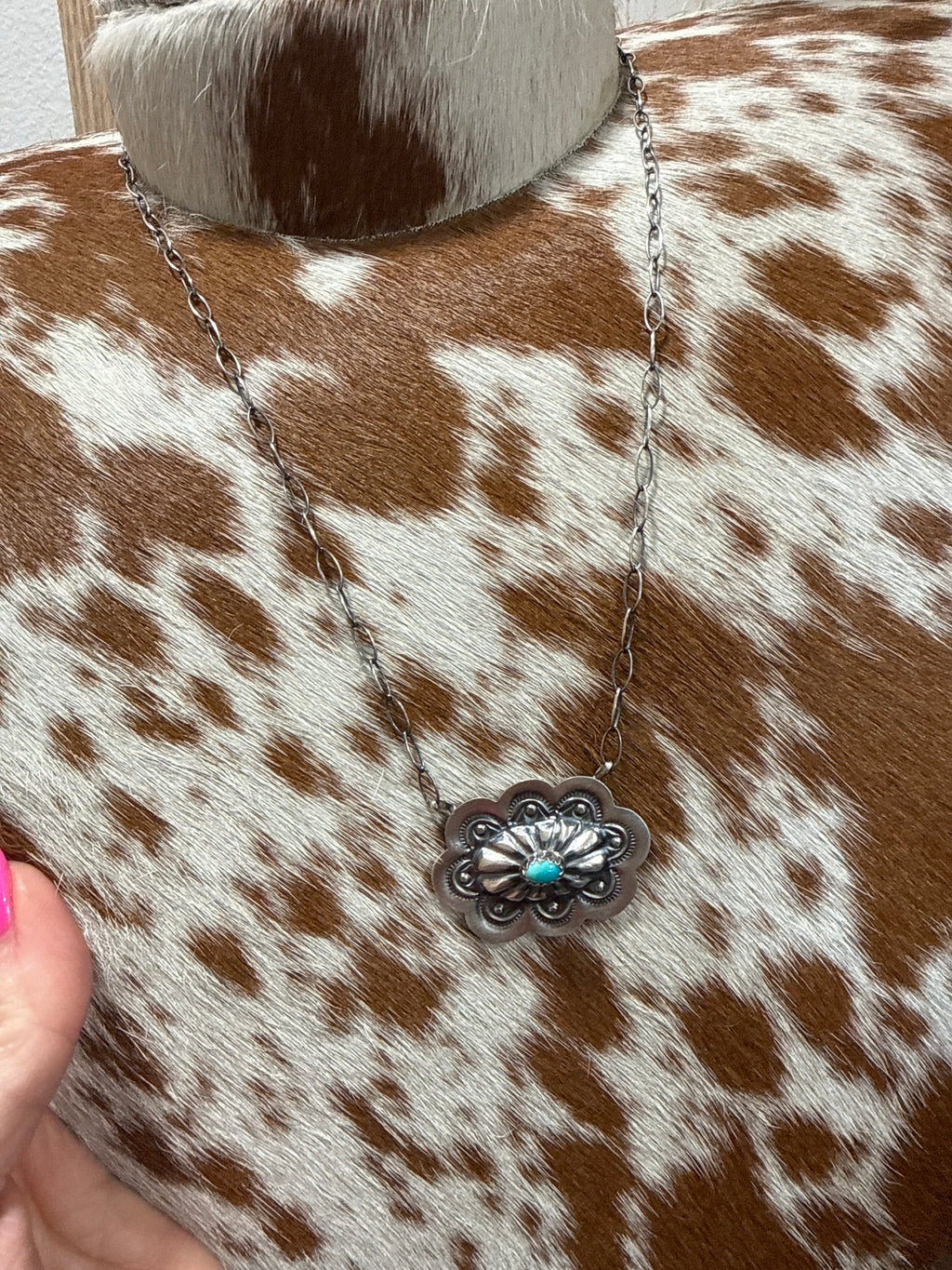 Navajo Handmade Kingman Turquoise Concho Necklace - Lavina Benally