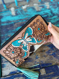 Butterfly Tooled Zippered Wallet