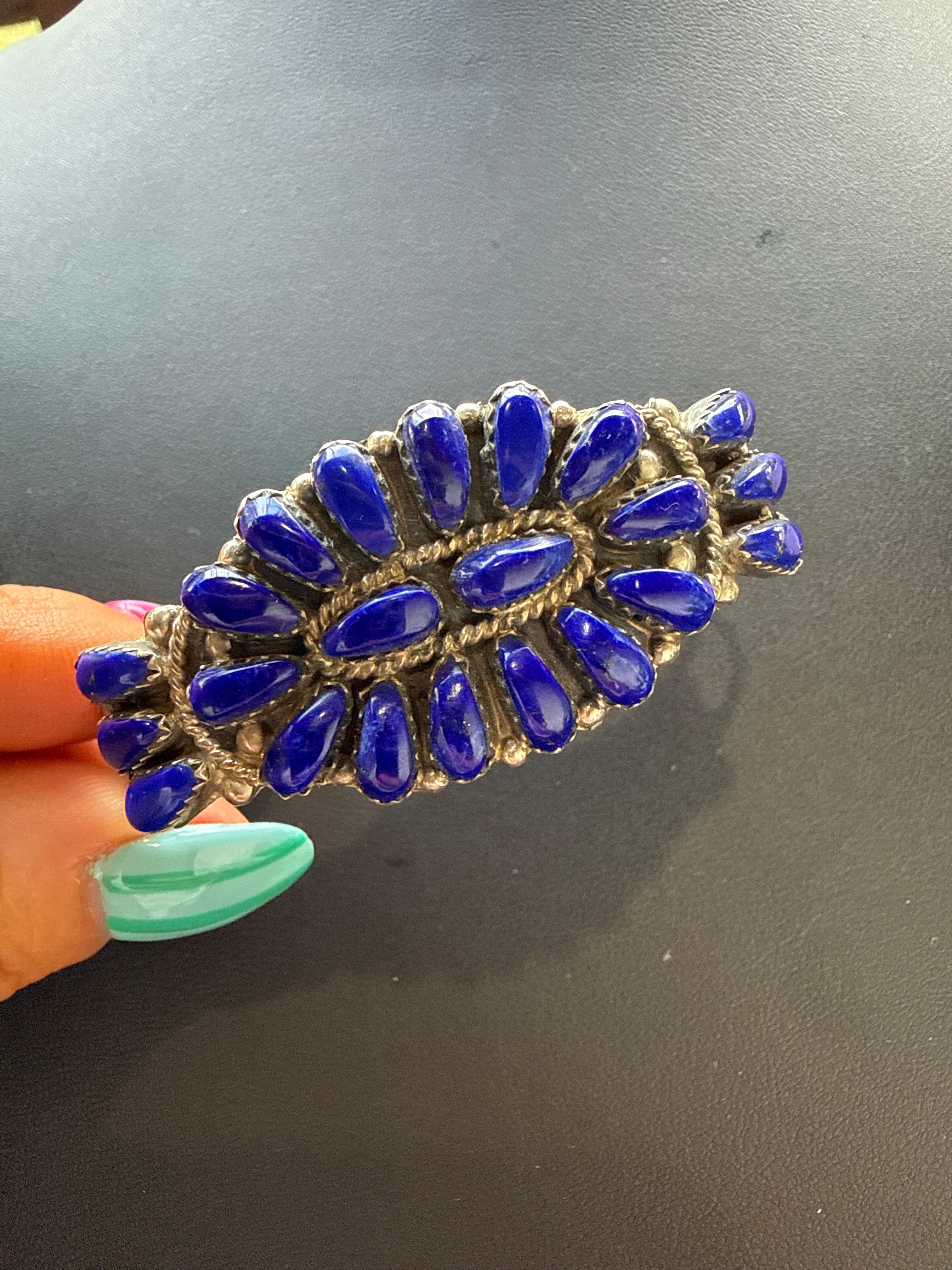 Native Made Blue Lapis Cuff Stamped JW & Sterling