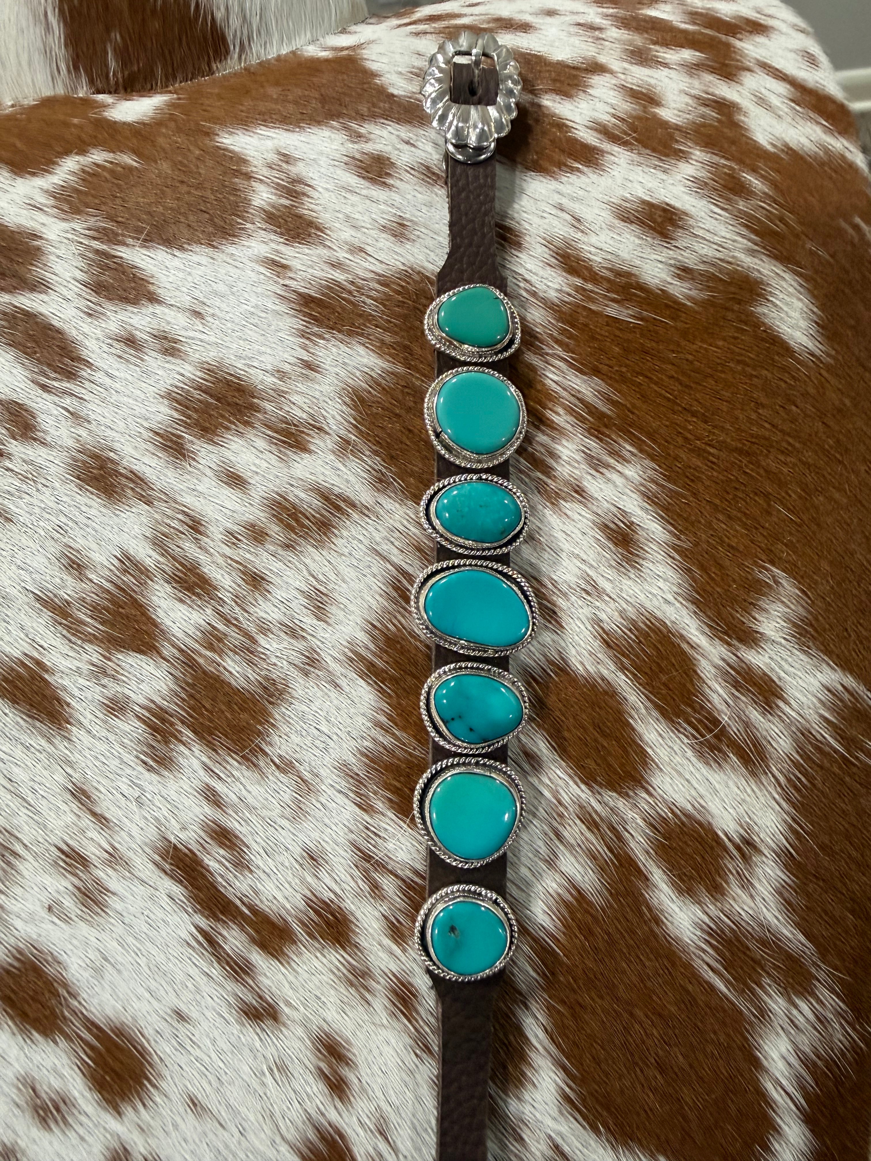 Navajo Handmade Kingman Turquoise Leather Bracelet - Dan Morgan