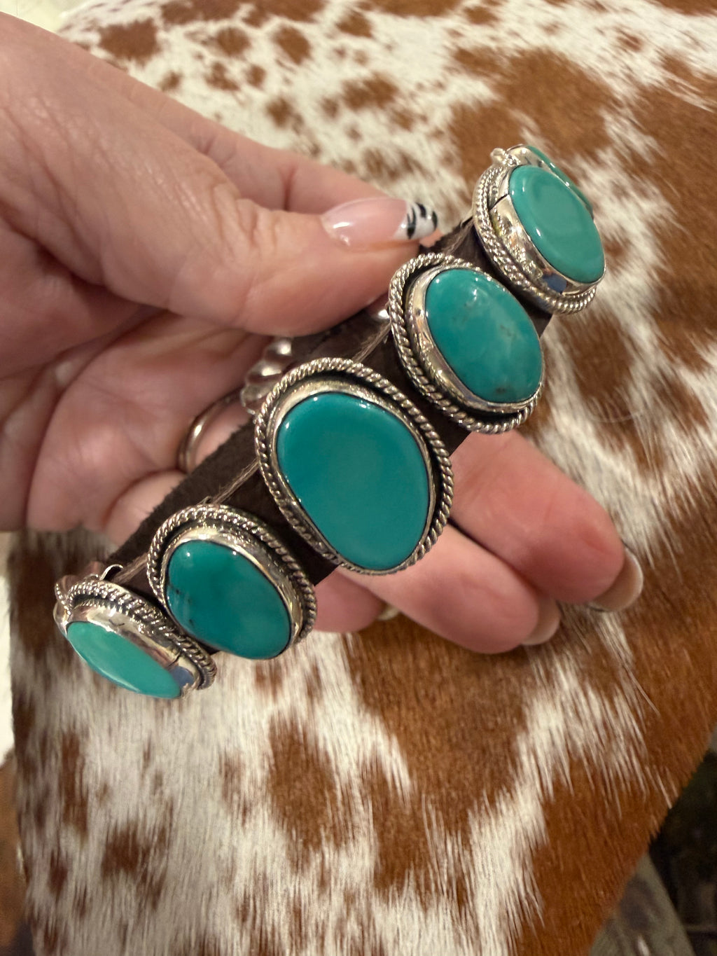 Navajo Handmade Kingman Turquoise Leather Bracelet - Dan Morgan