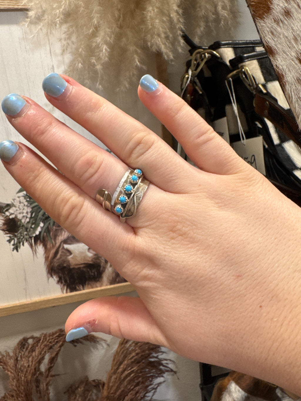 Navajo Handmade Kingman Turquoise Feather Adjustable Ring - Chester Charley
