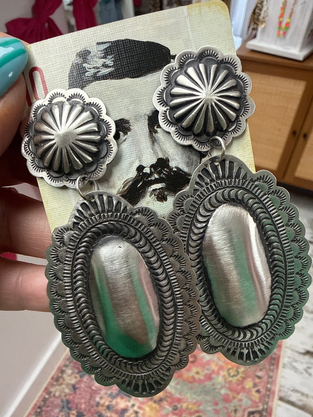 Native Made Sterling Silver Oval Earrings- Stamped Leander Tahe