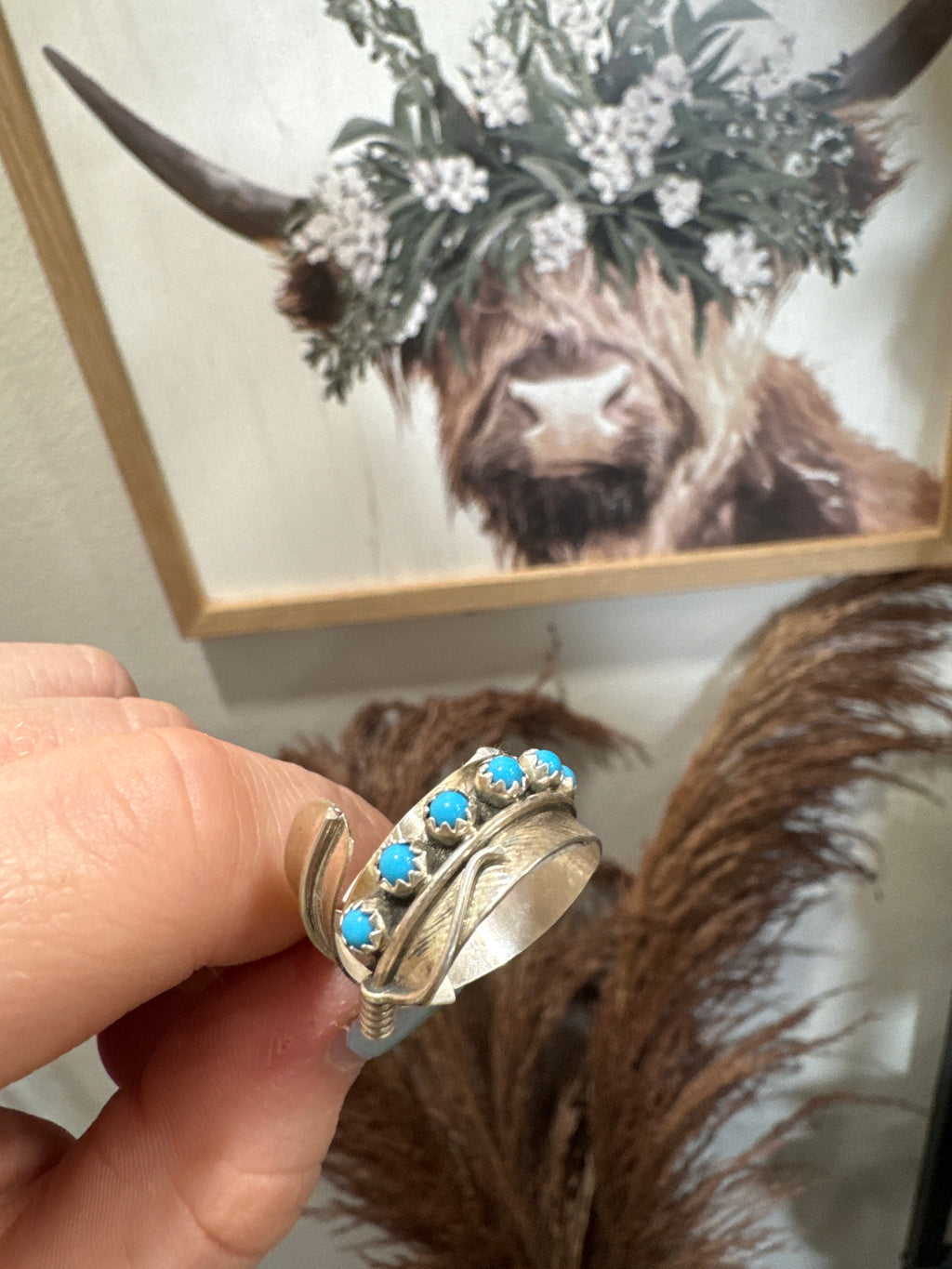 Navajo Handmade Kingman Turquoise Feather Adjustable Ring - Chester Charley