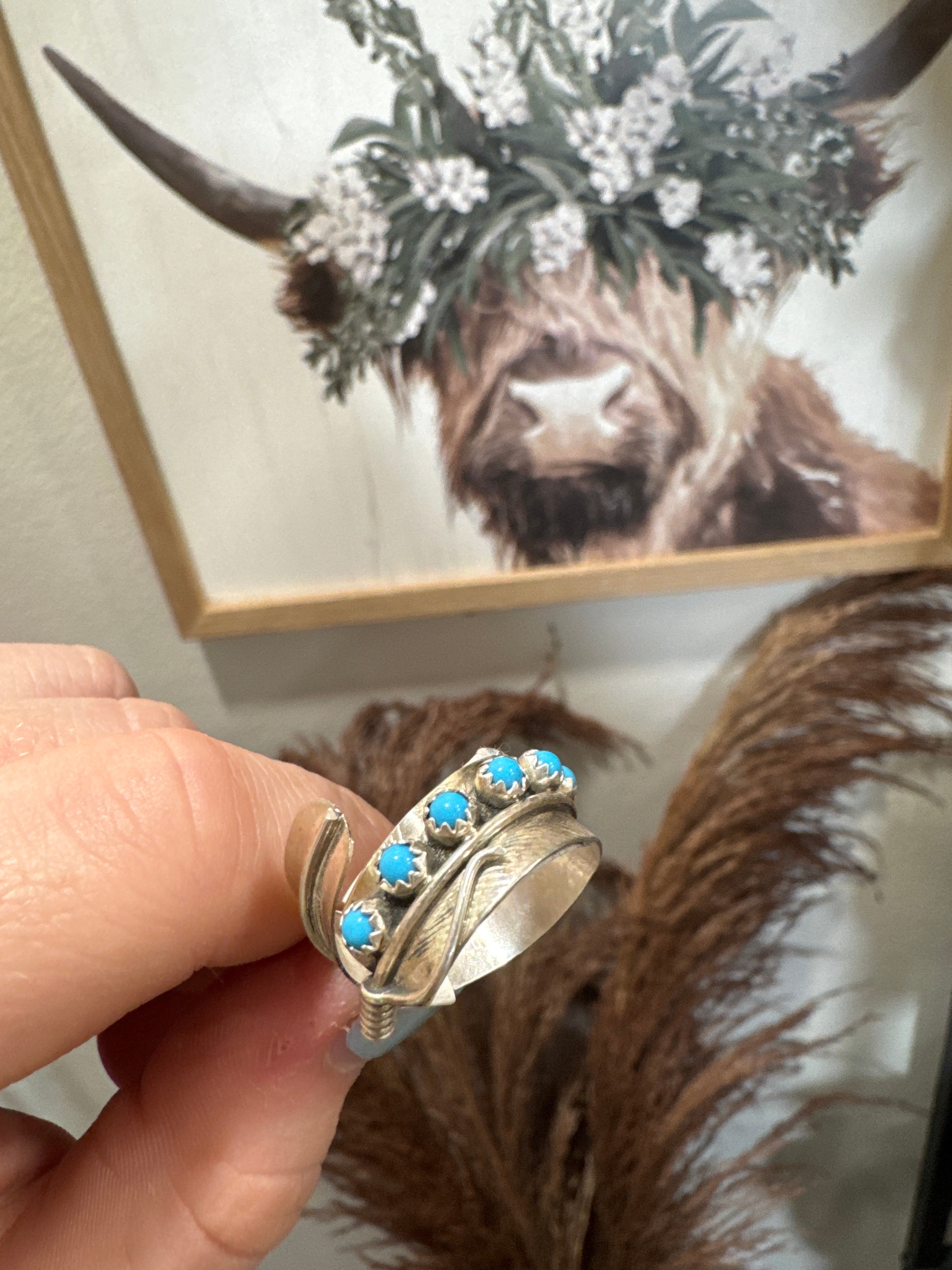 Navajo Handmade Kingman Turquoise Feather Adjustable Ring - Chester Charley
