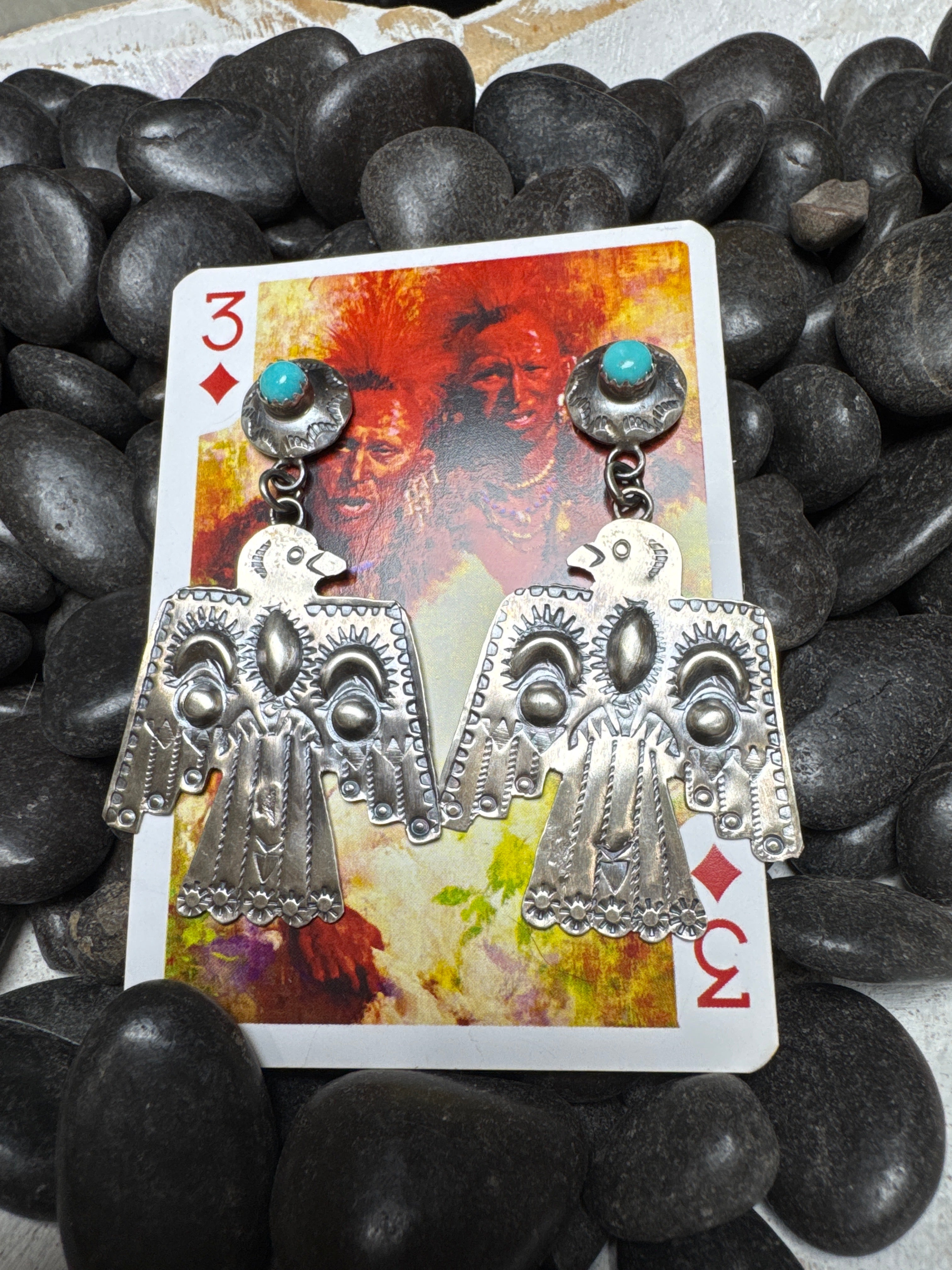 Sterling Silver Stamped Thunderbird with Turquoise Post Dangle Earrings