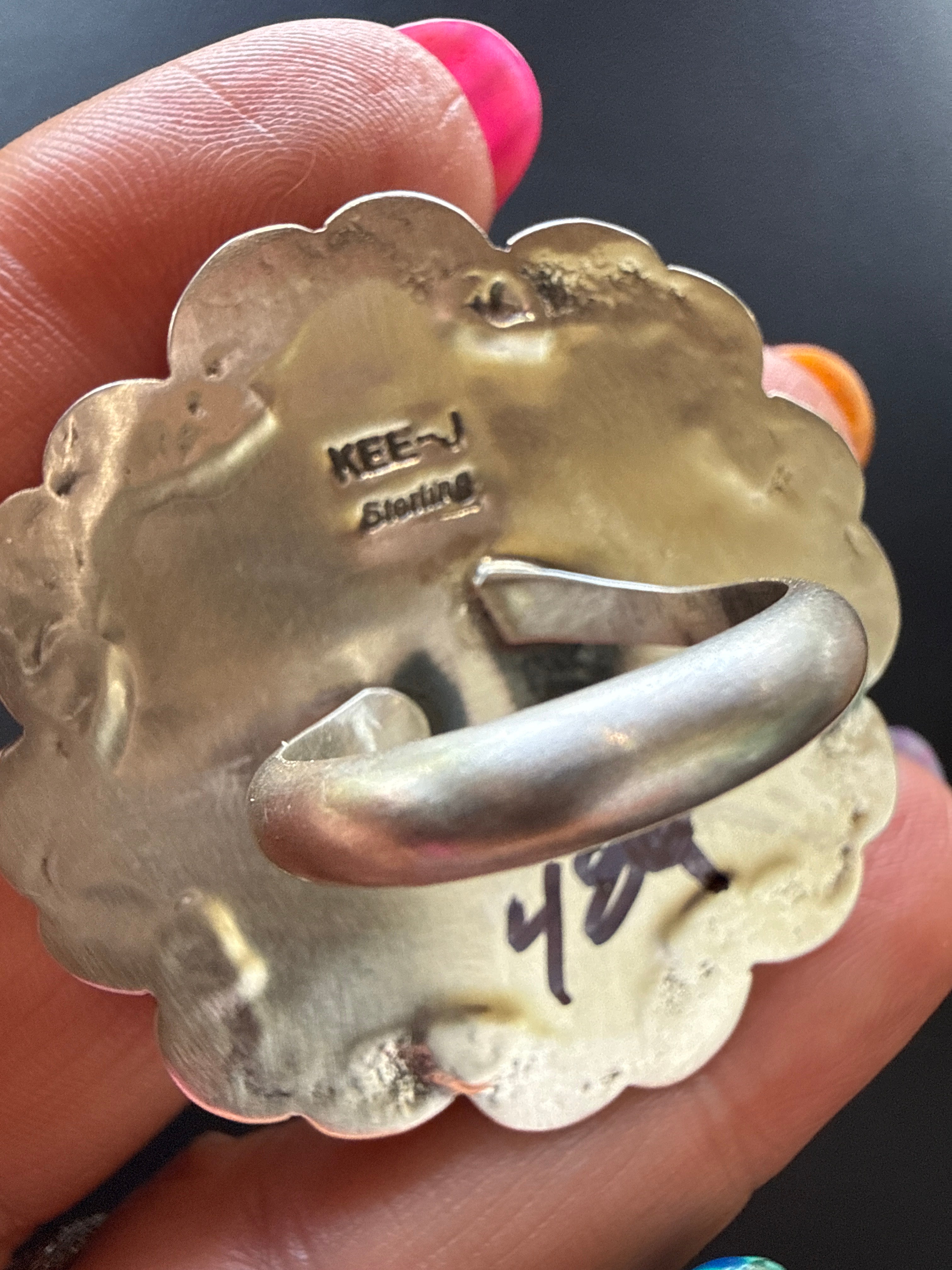 Native Made Spiny & Kingman Sterling Ring- Stamped Kee-J