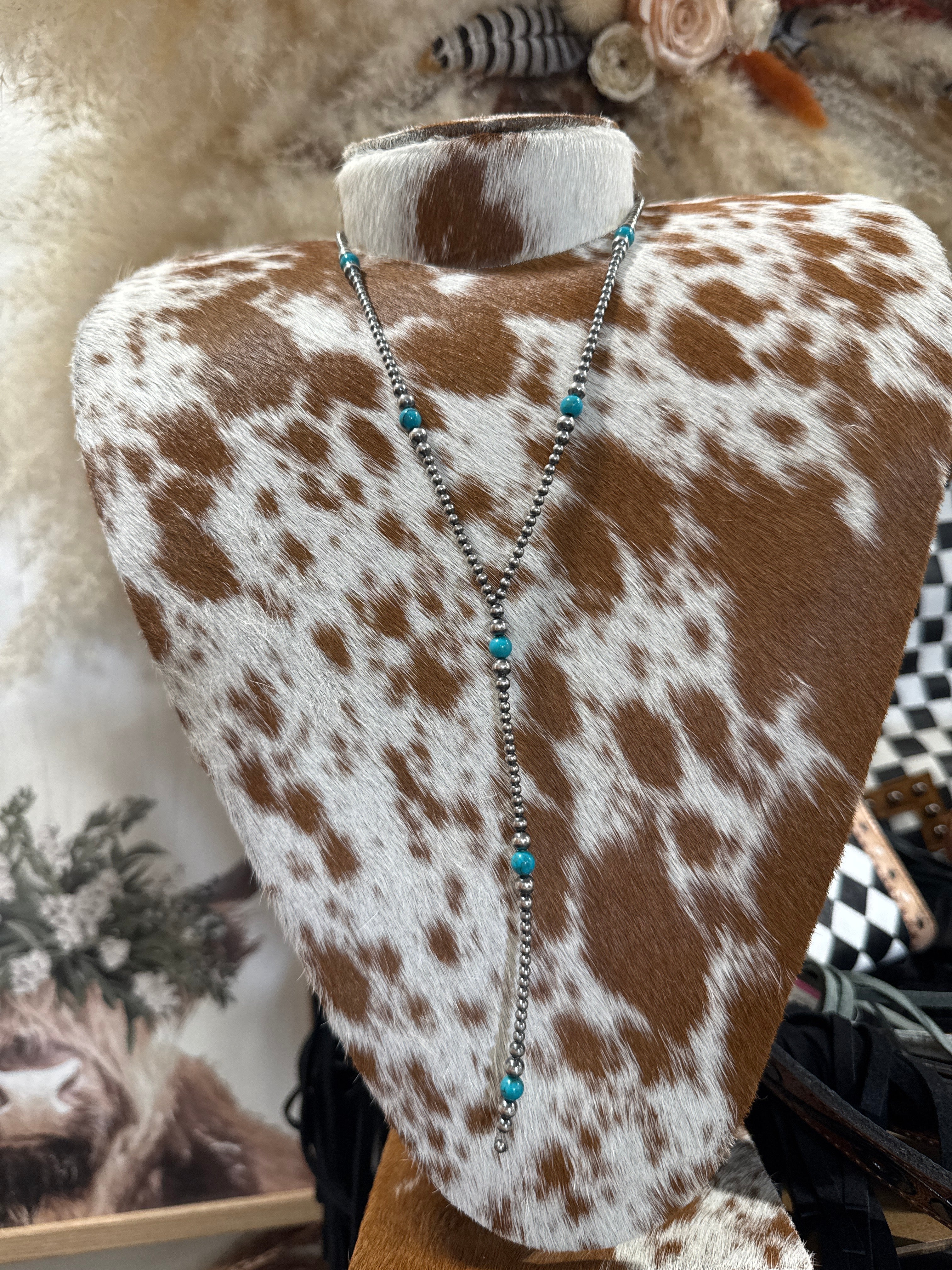 3-6 MM 20” Turquoise and Sterling Silver Pearl Lariat
