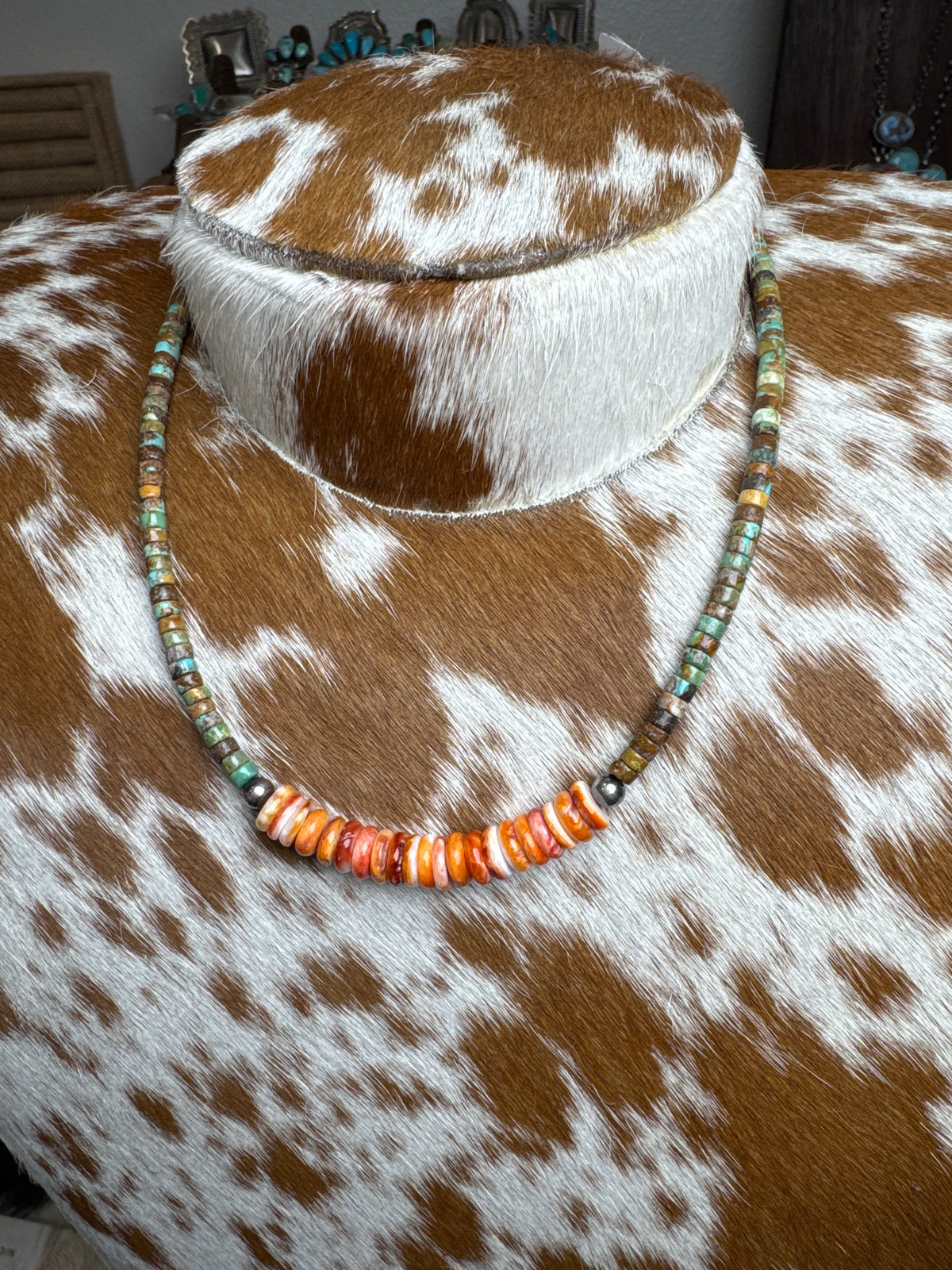 Sterling Silver Kingman Turquoise and Orange Spiny Heishi with 6MM Pearls
