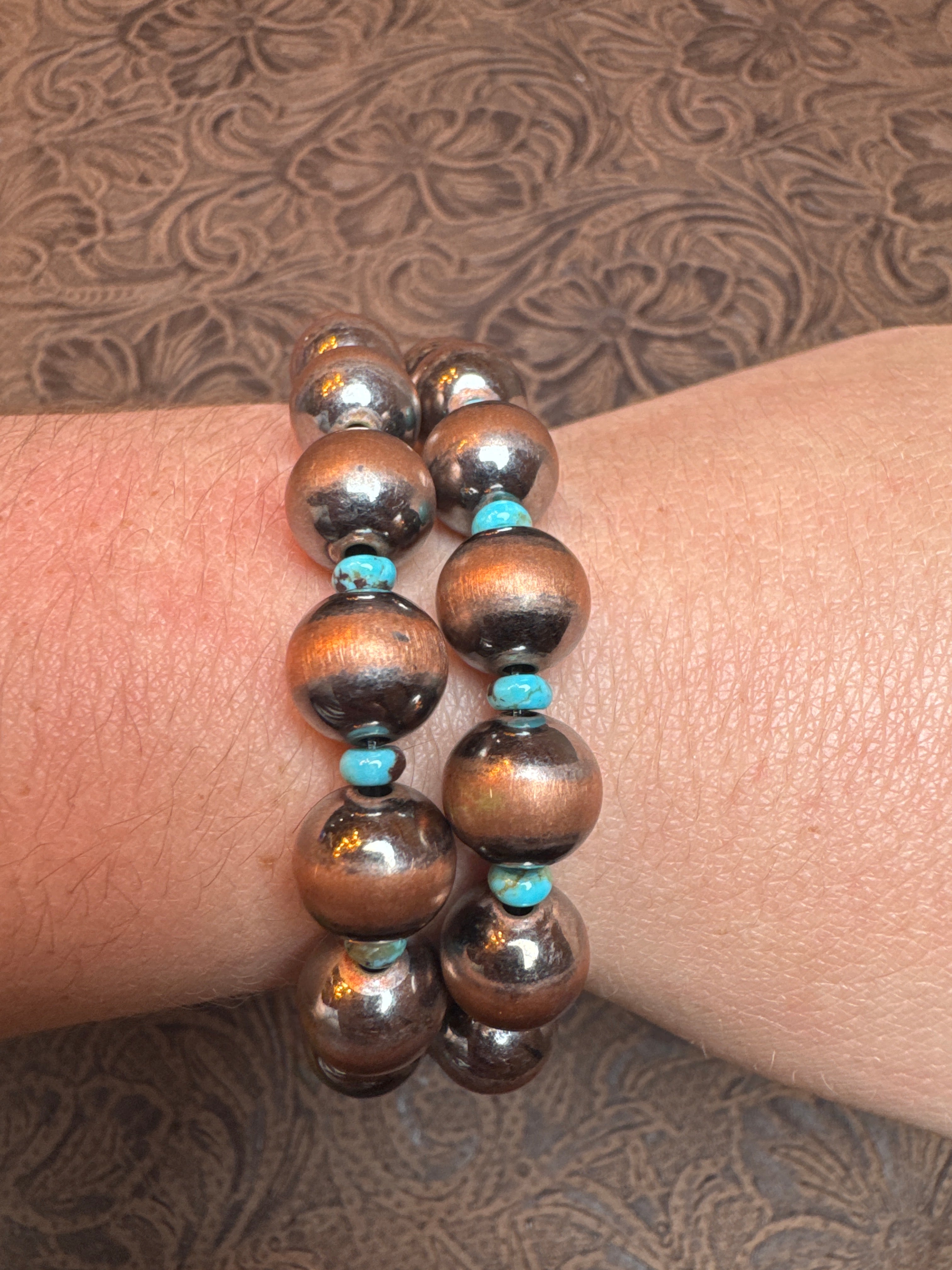 Oxidized 8MM Copper Pearls with Kingman Spacers Stretch Bracelet- Non- Native