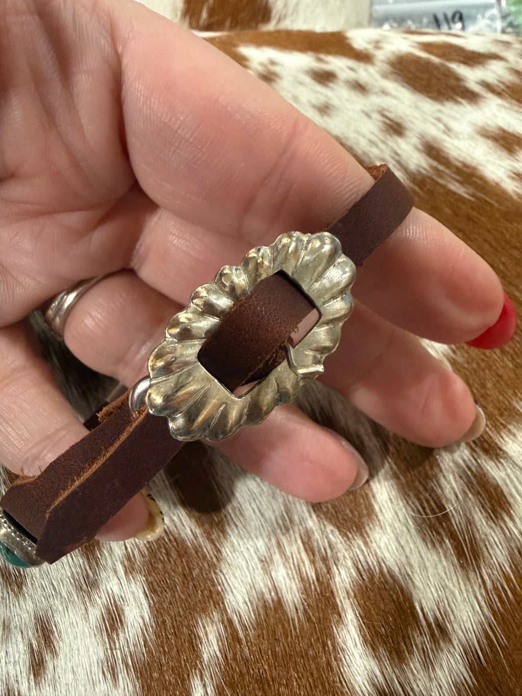 Navajo Handmade Kingman Turquoise Leather Bracelet - Dan Morgan