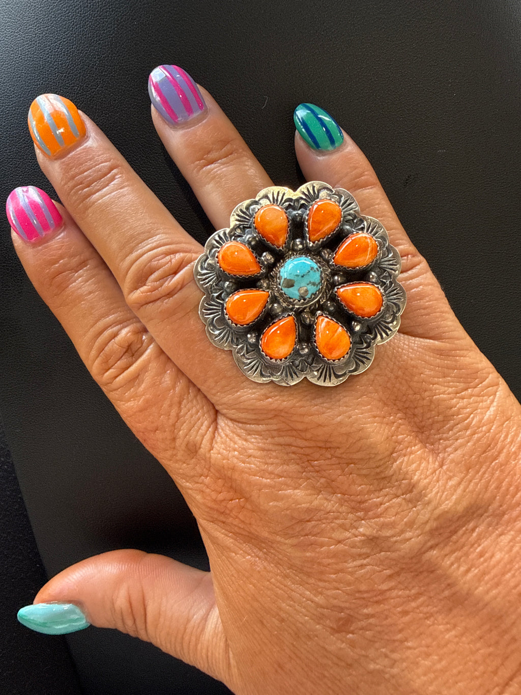 Native Made Spiny & Kingman Sterling Ring- Stamped Kee-J