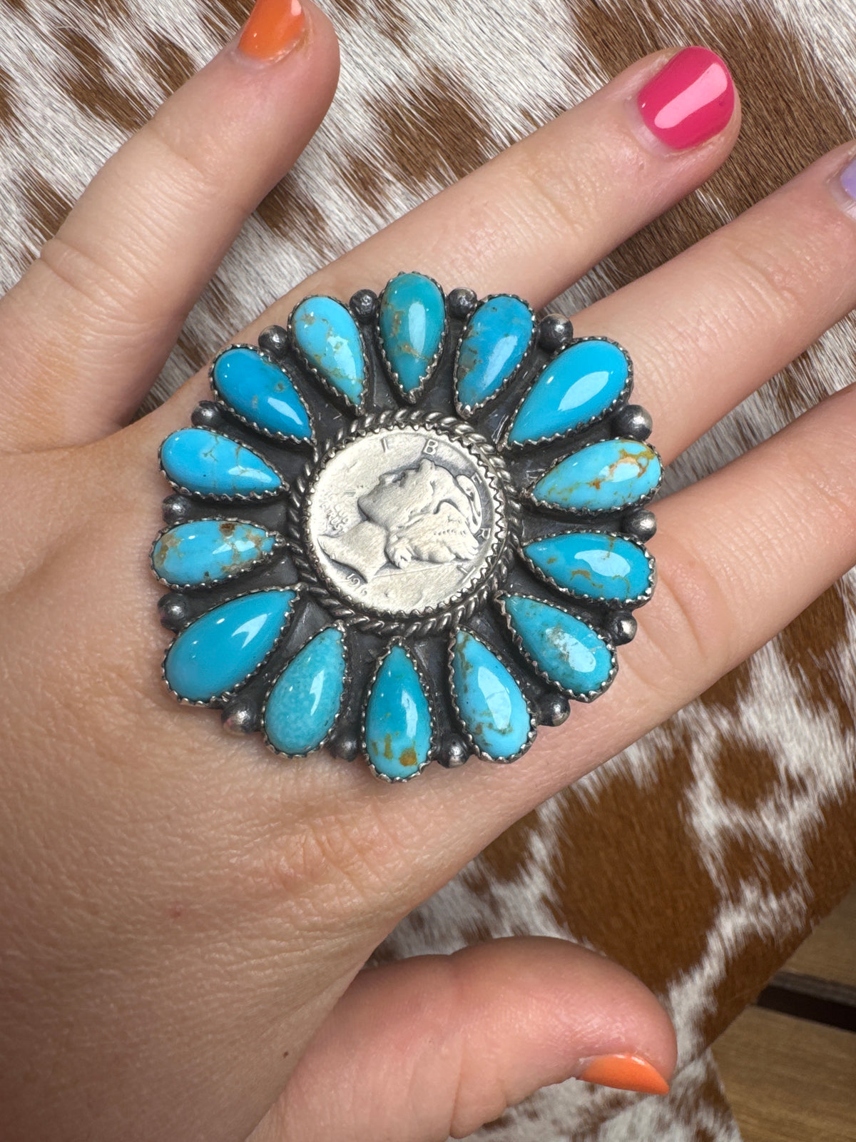 Native Made Kingman Coin Adjustable Ring  - A.Spencer