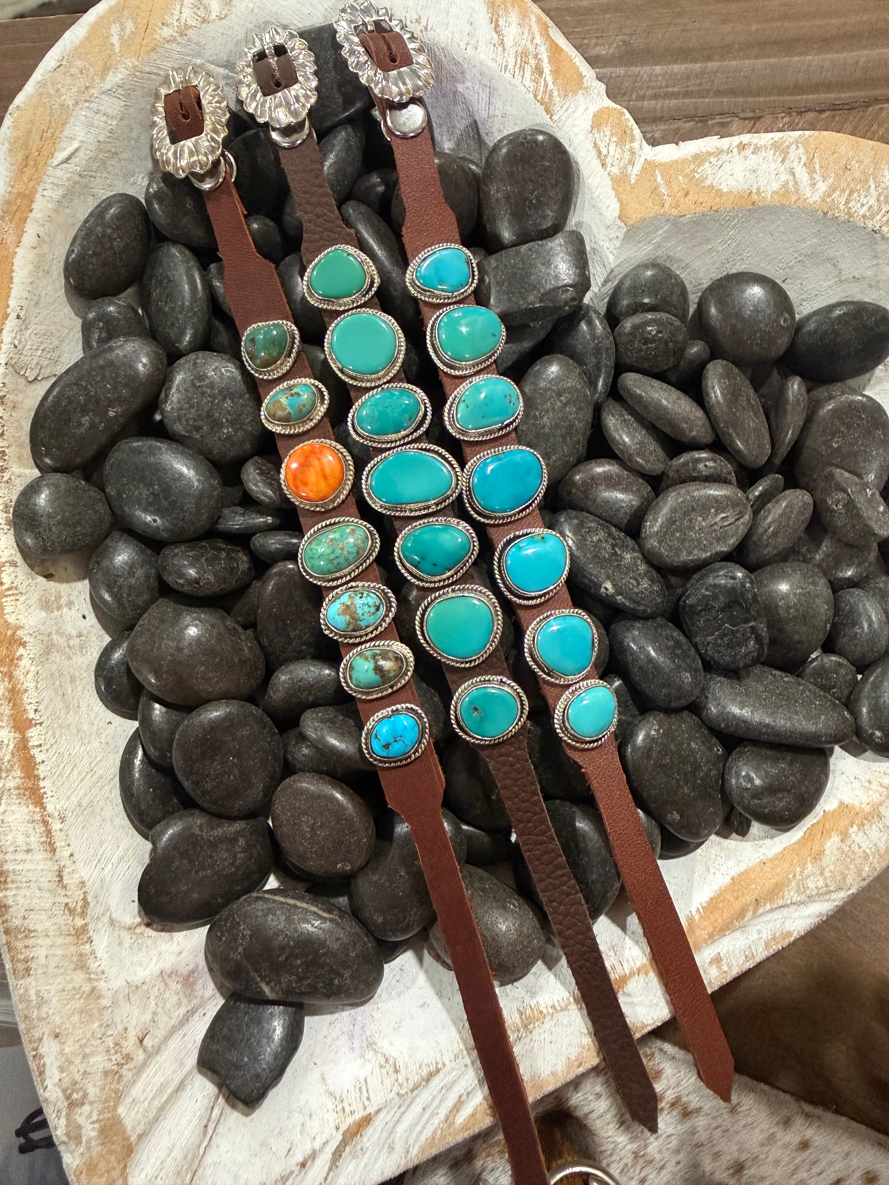 Navajo Handmade Kingman Turquoise Leather Bracelet - Dan Morgan