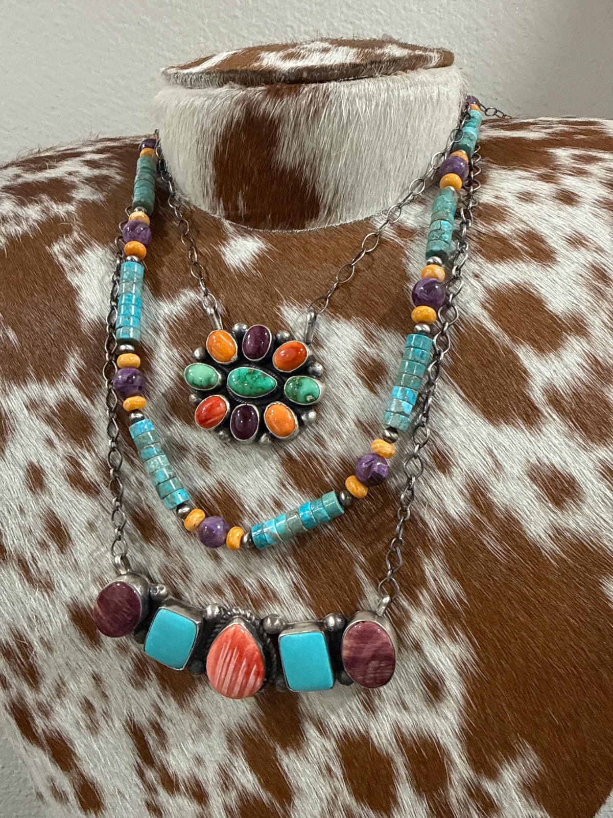 Sterling Silver Kingman Heishi with Orange Spiny and Purple Spiny Beaded Necklace