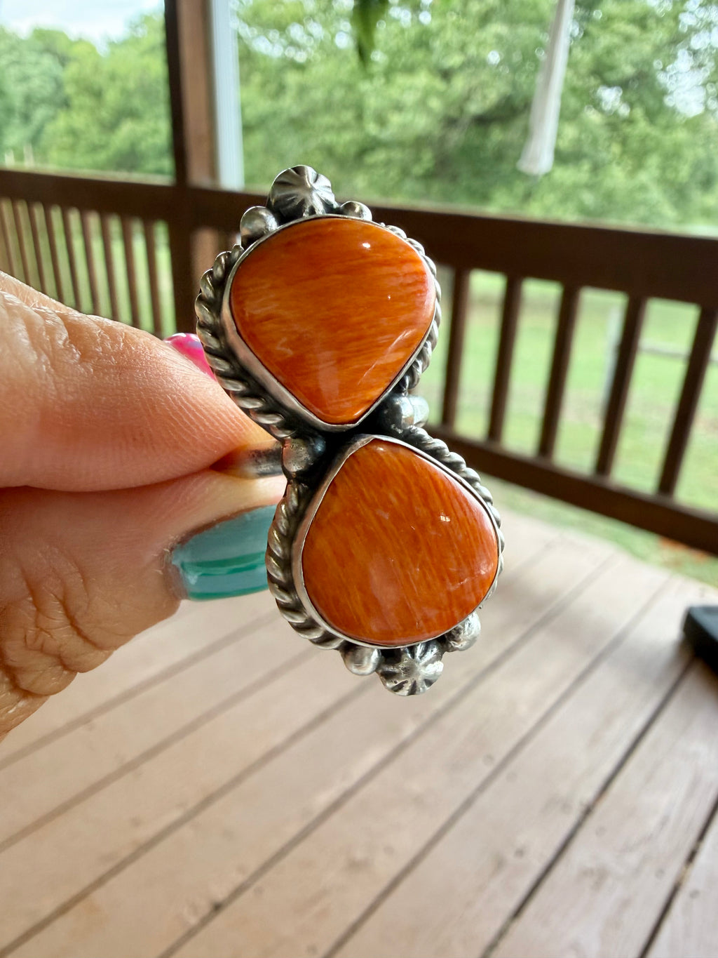 Native Made Adjustable Spiny 2 Stone Ring Stamped Eugene Belone