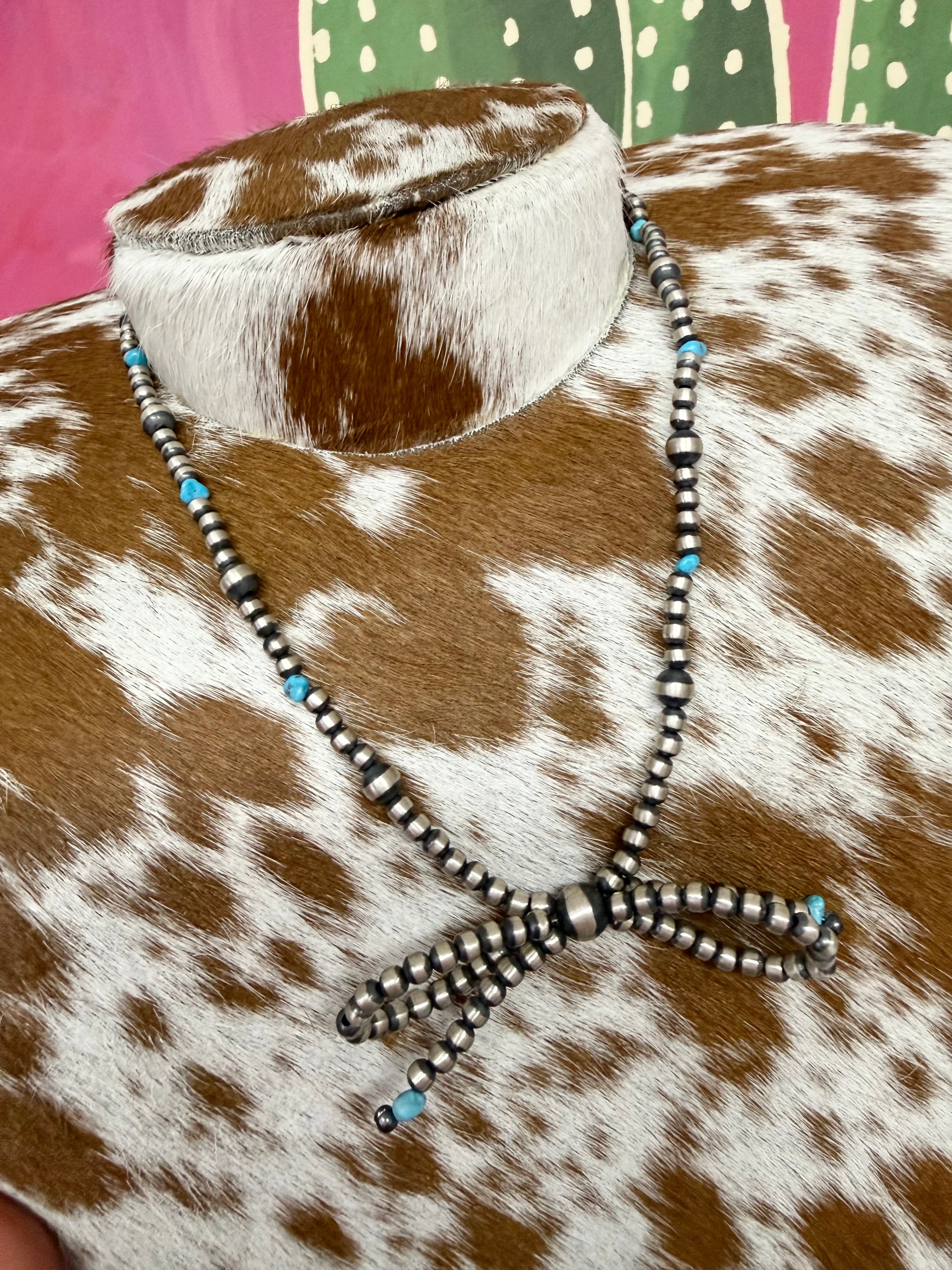 Sterling Silver 3-6mm Beaded Bow Necklace w/Kingman Stones