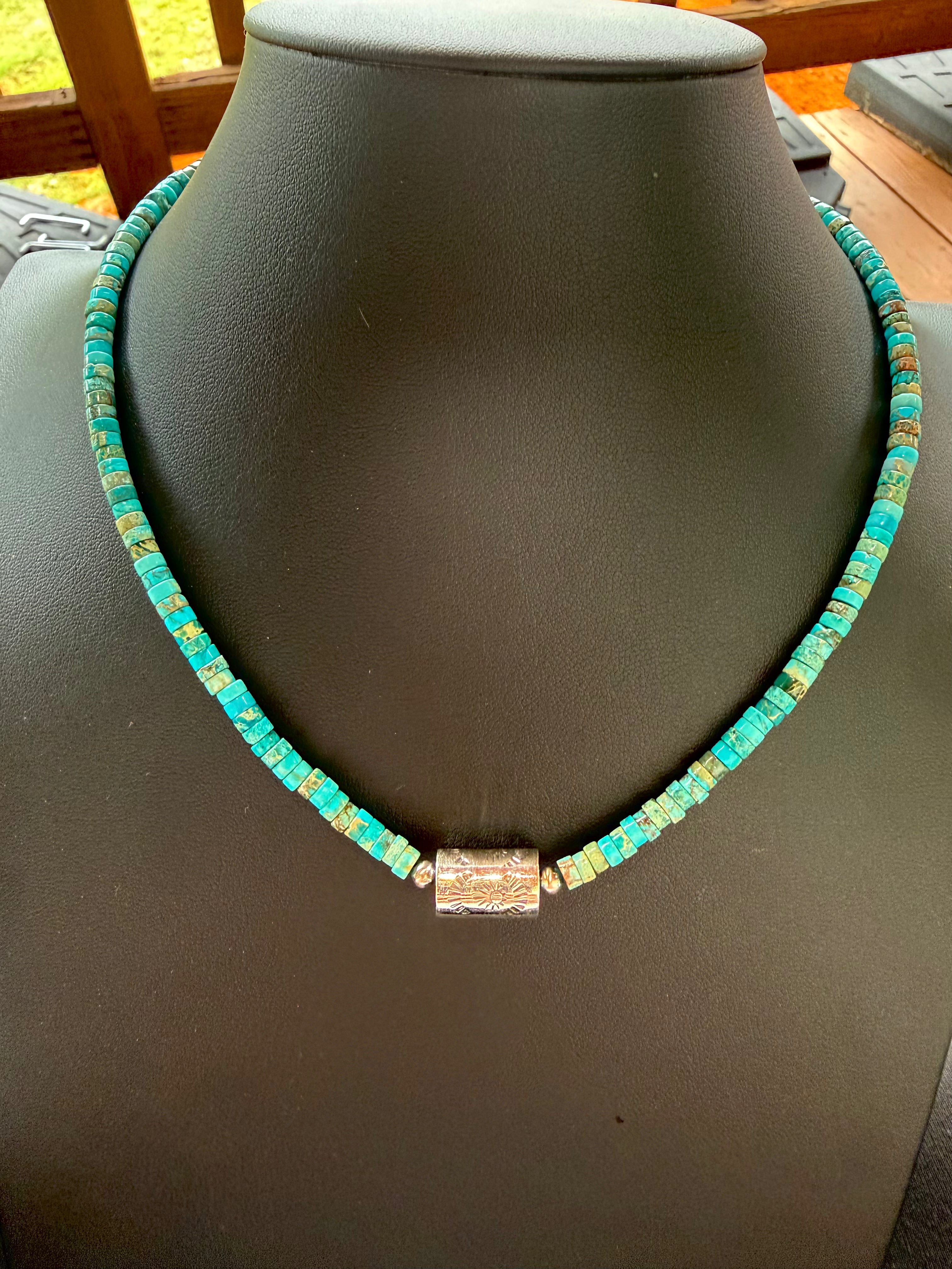 Handstrung & Sterling Silver Beaded Kingman Necklace with Barrel