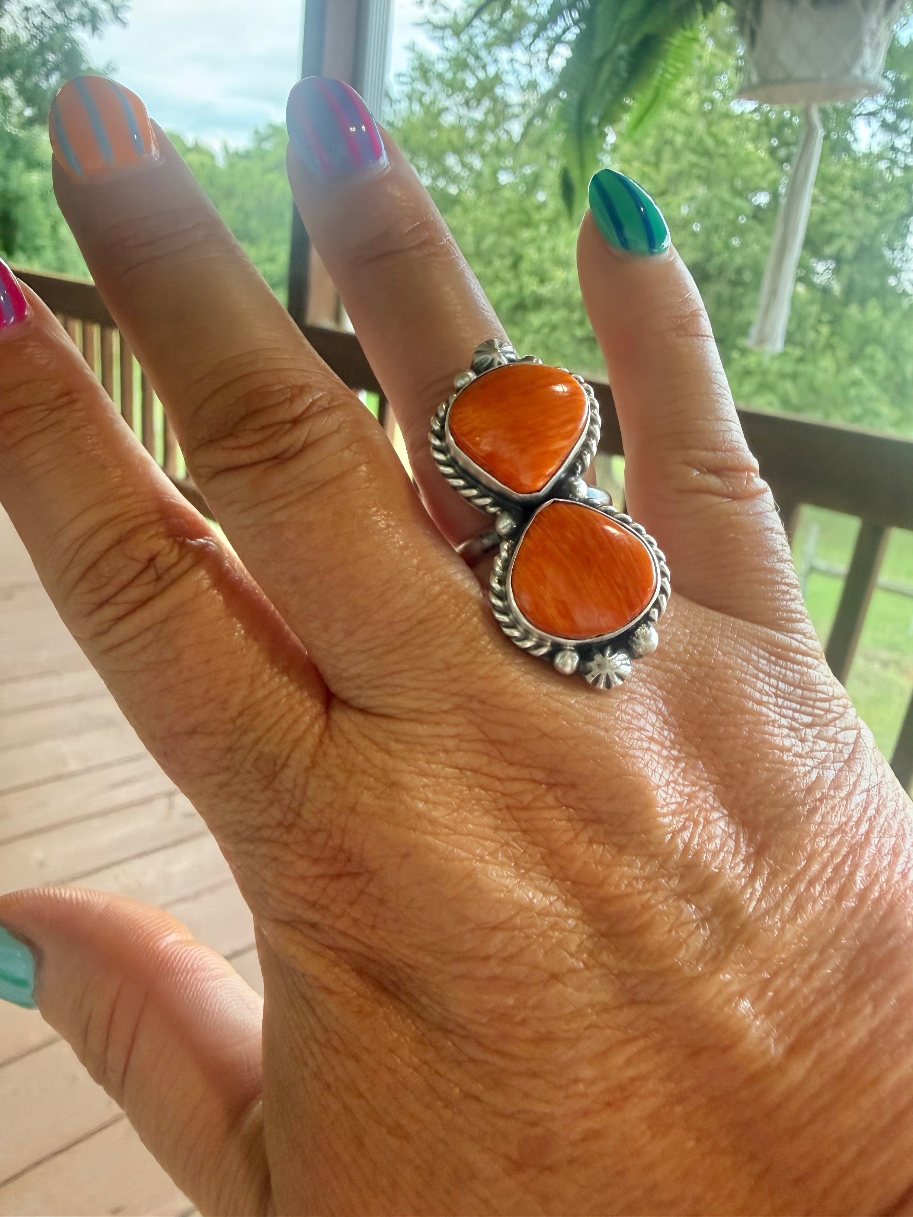 Native Made Adjustable Spiny 2 Stone Ring Stamped Eugene Belone