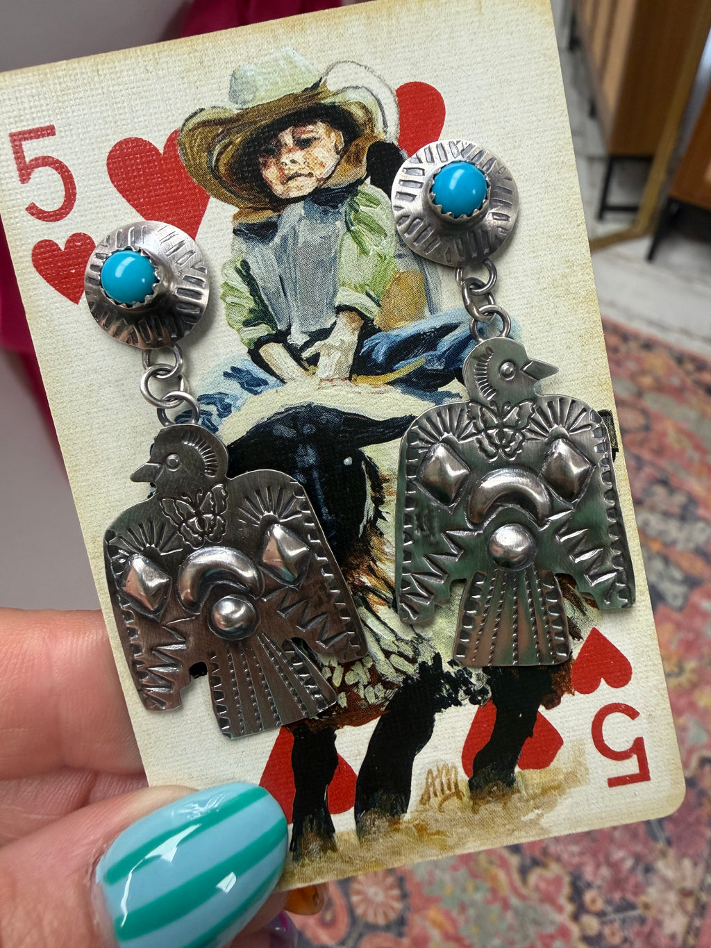Native Made Thunderbird w/Kingman Dangle Earrings- Stamped Gabriella Yazzie