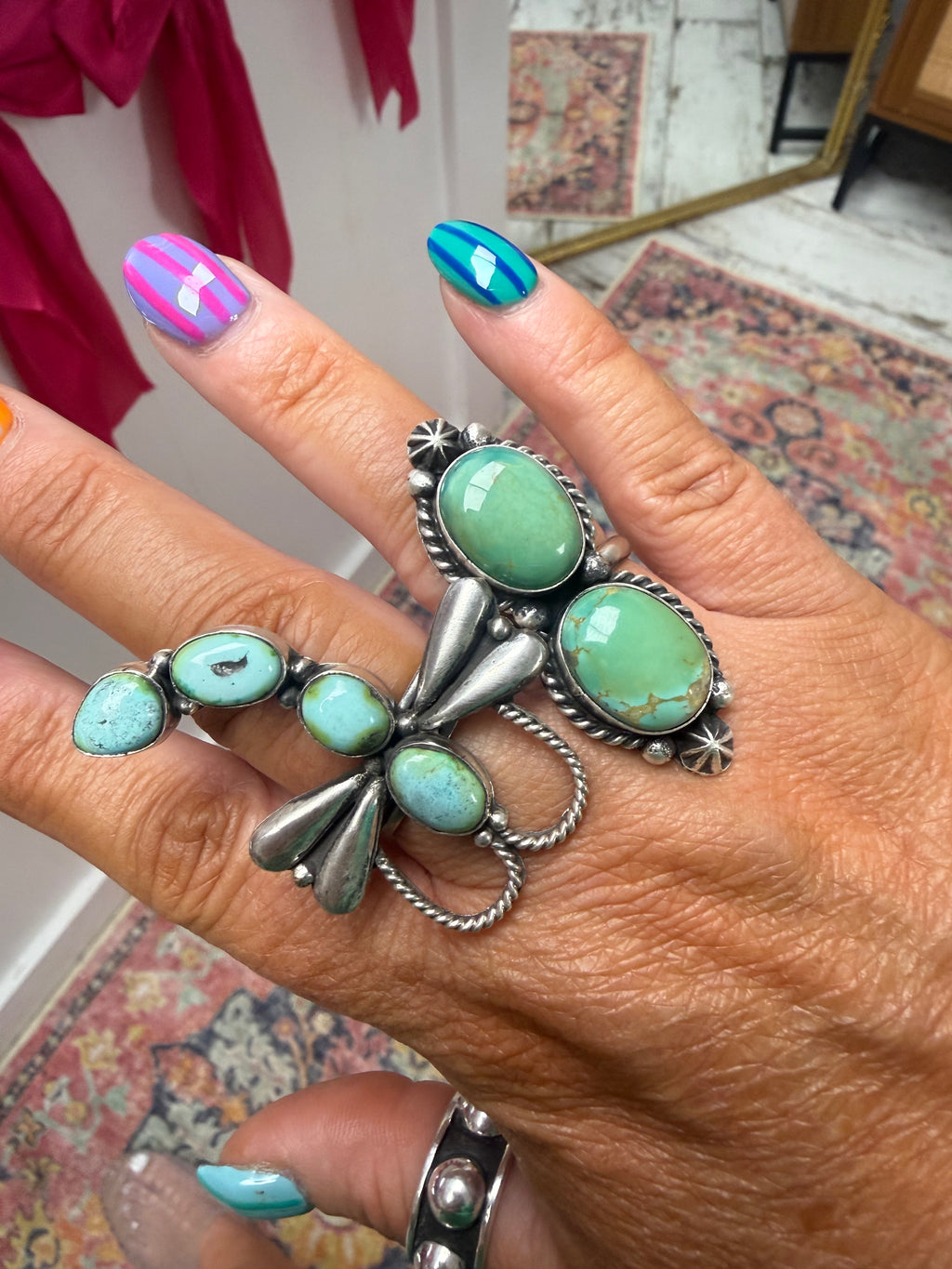 Native Made Adjustable Kingman 2 Stone Ring Stamped Eugene Belone