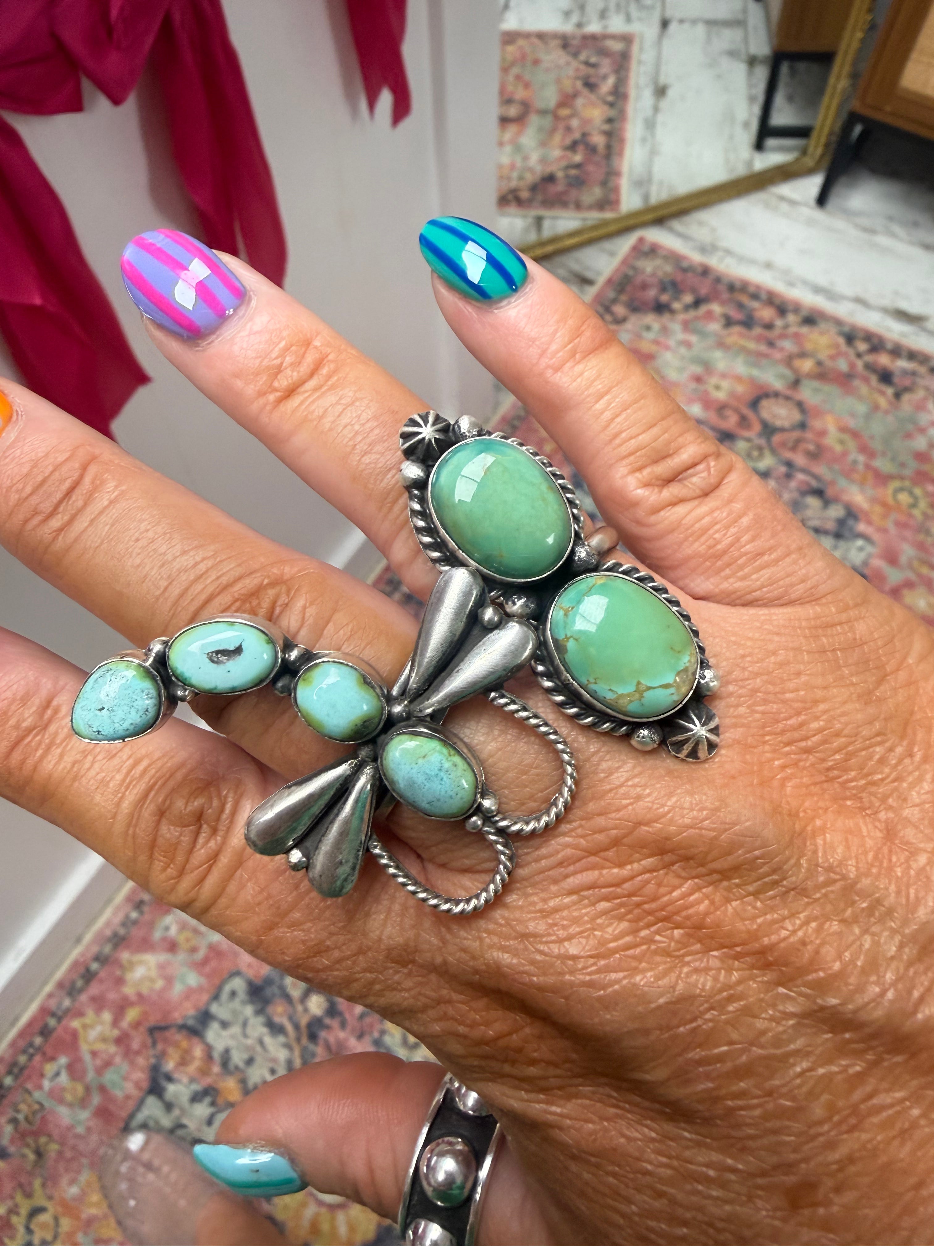 Native Made Adjustable Kingman 2 Stone Ring Stamped Eugene Belone
