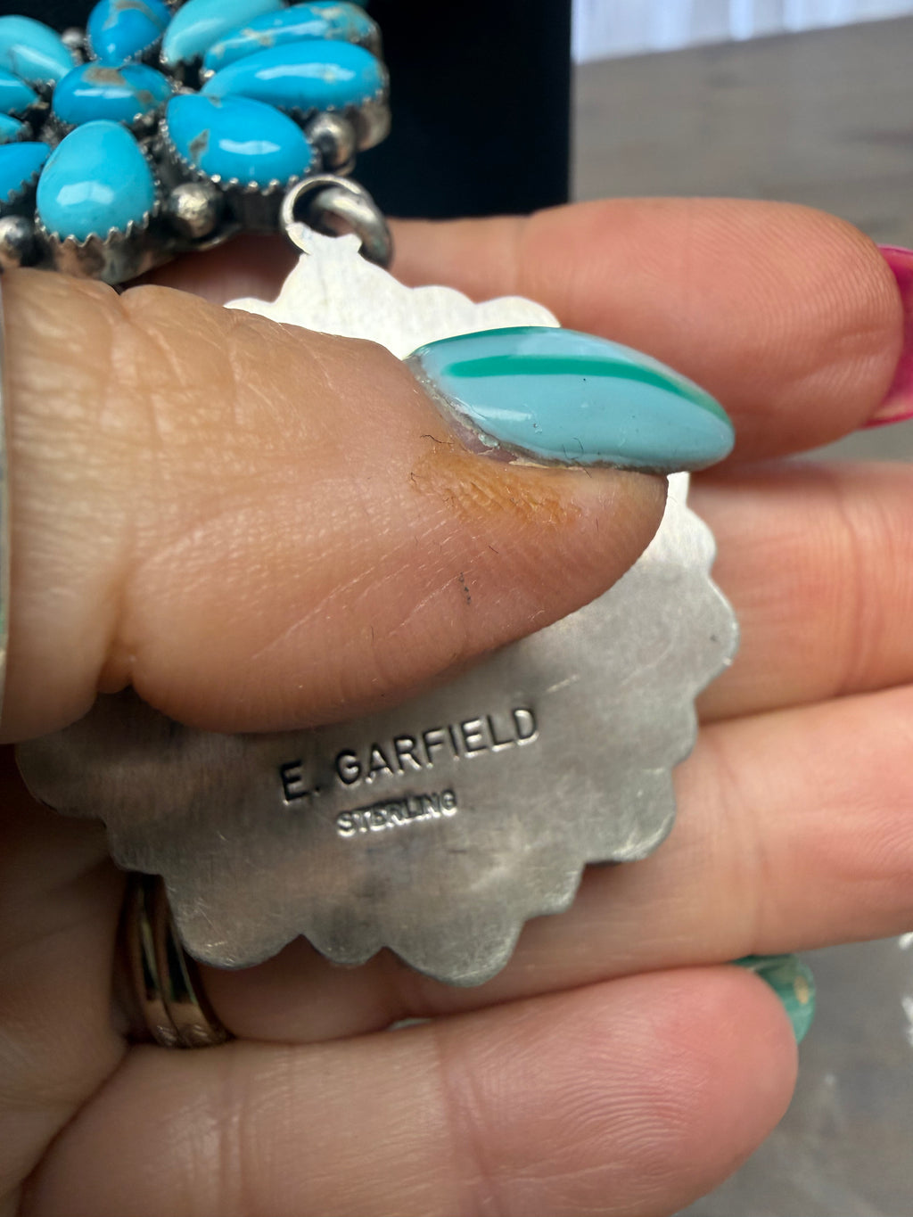 Native Made 8 Cluster Statement Necklace - Stamped E. Garfield