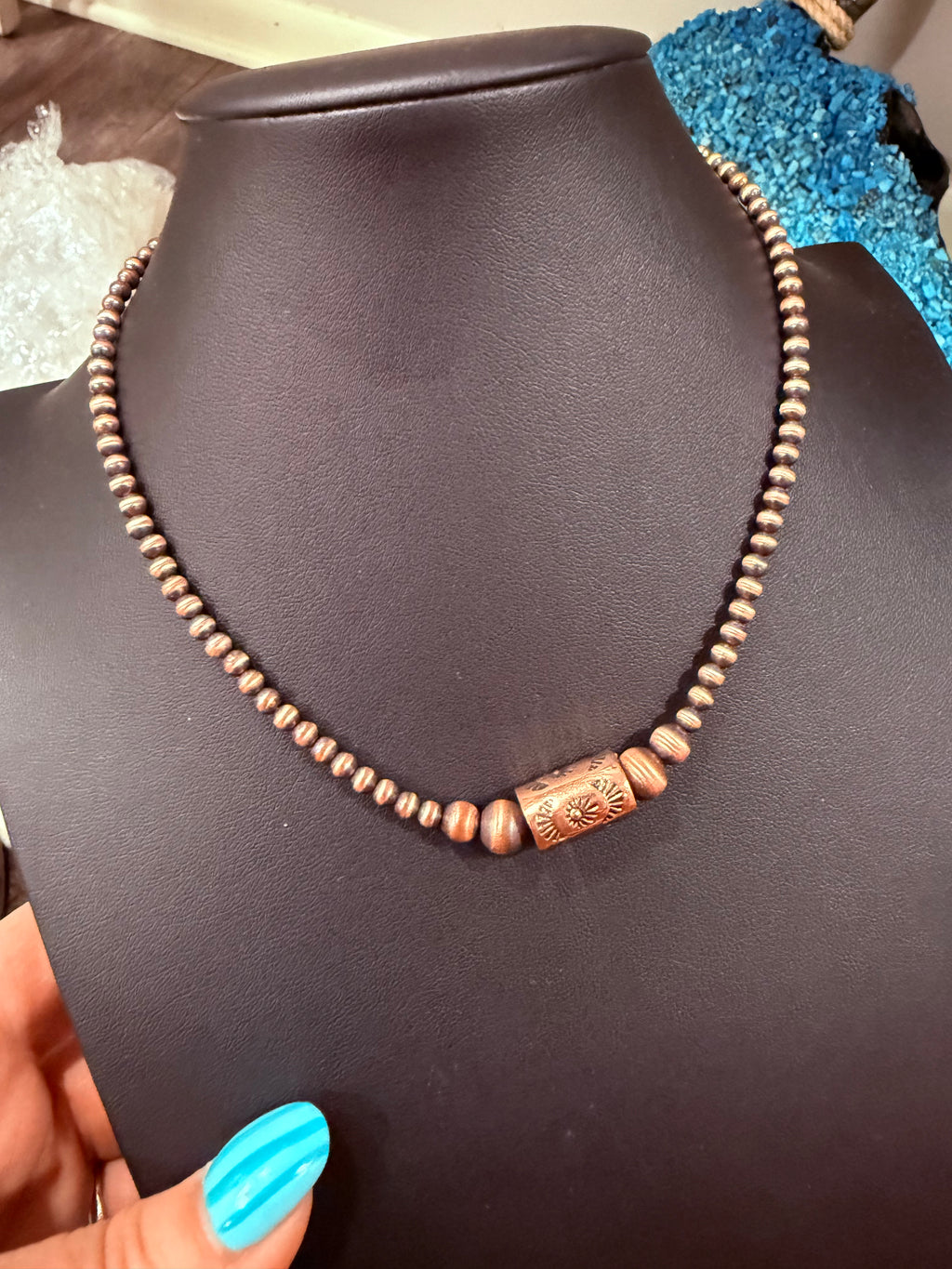 Copper Pearls w/Stamped Barrel Bead Necklace 16” - Non Native
