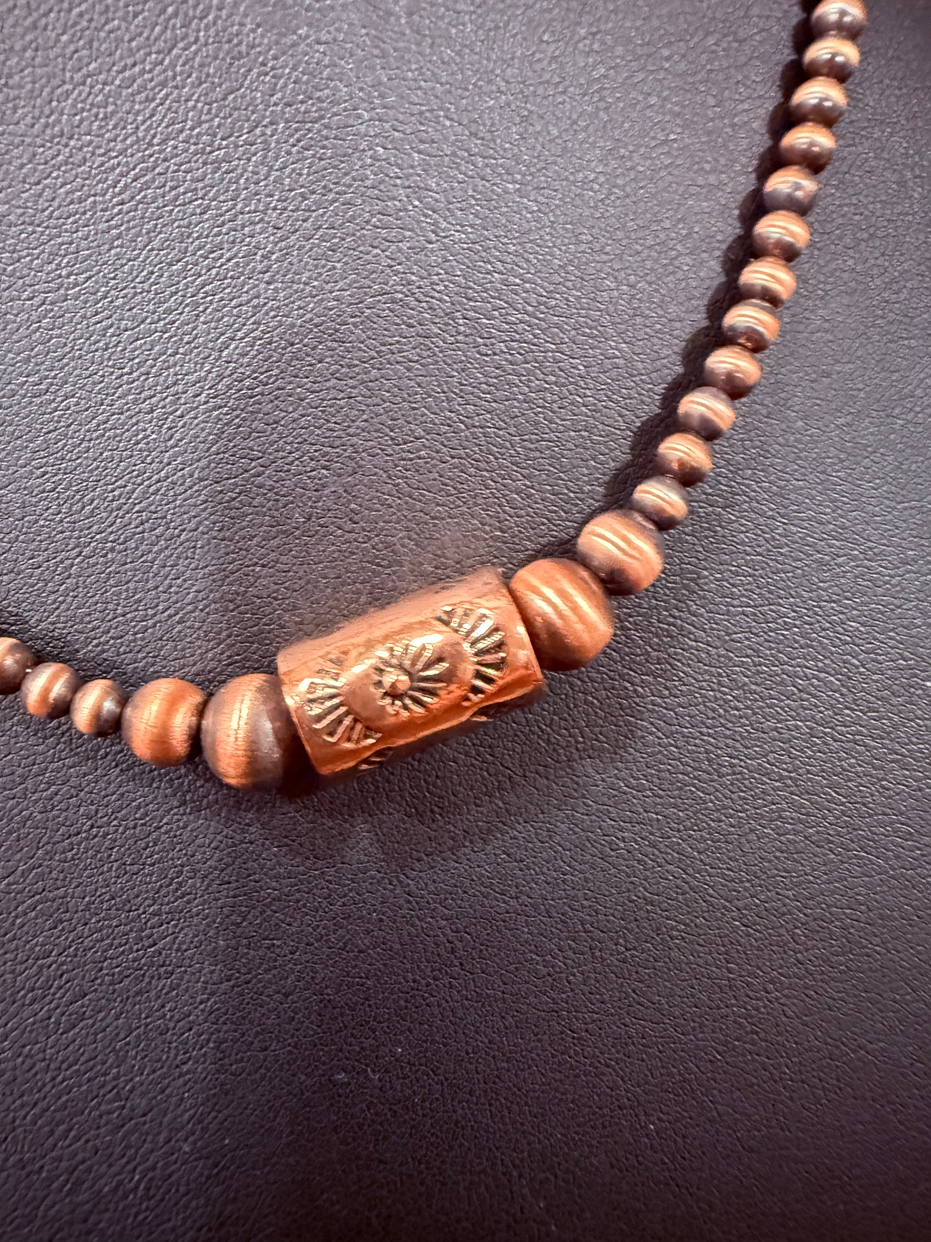 Copper Pearls w/Stamped Barrel Bead Necklace 16” - Non Native