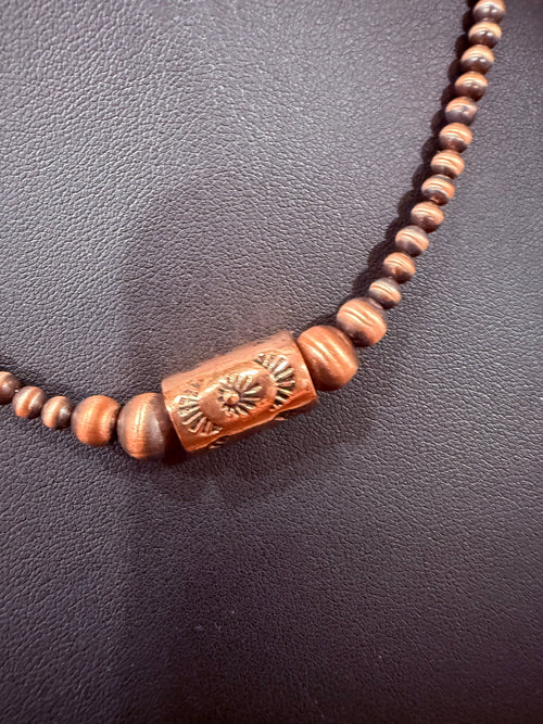 Copper Pearls w/Stamped Barrel Bead Necklace 16” - Non Native