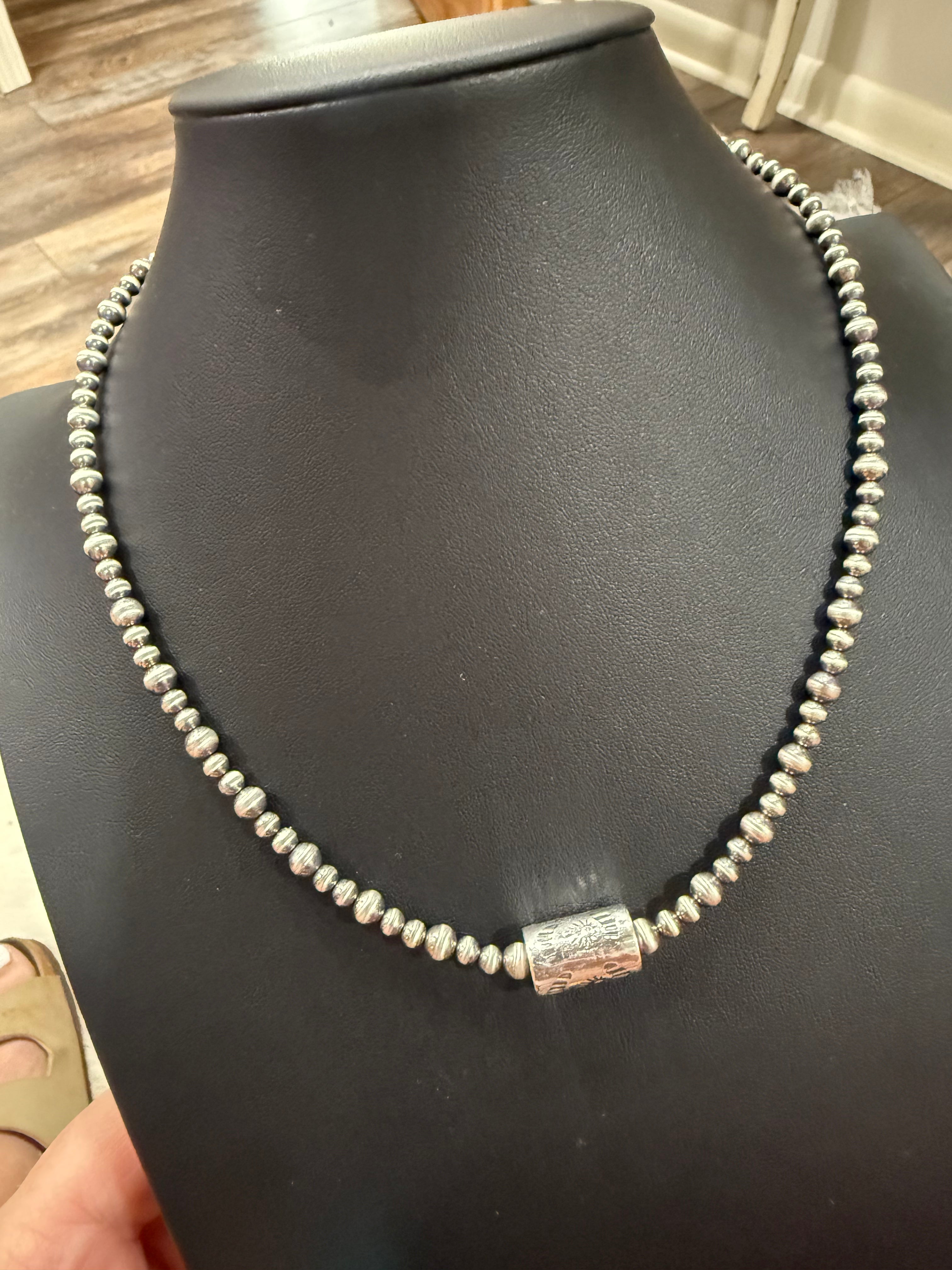 Sterling Silver Pearl Barrel Bead Necklace 18” - Non Native