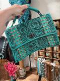 Genuine Leather Tooled Handbag with Studded Detail