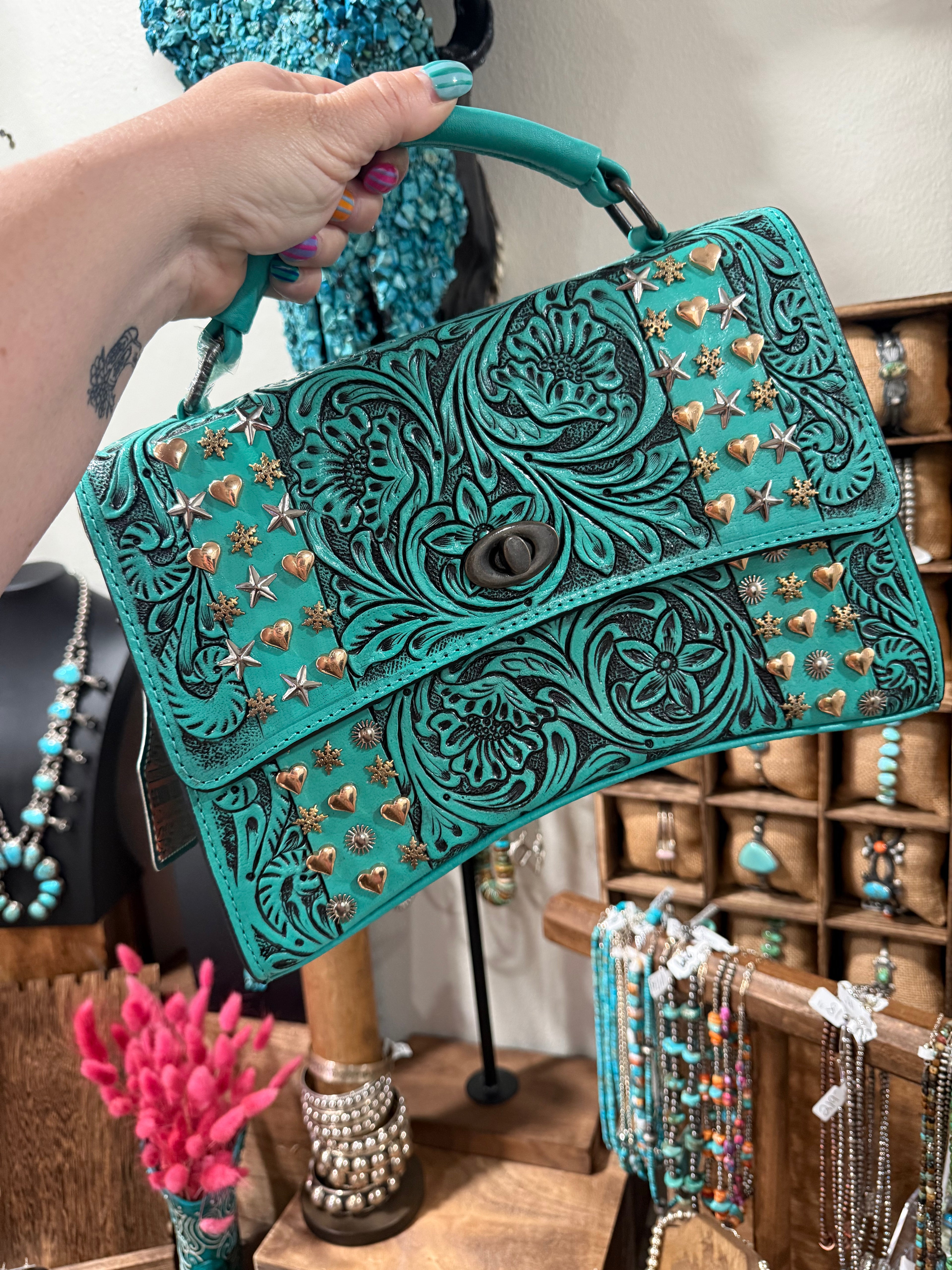 Genuine Leather Tooled Handbag with Studded Detail