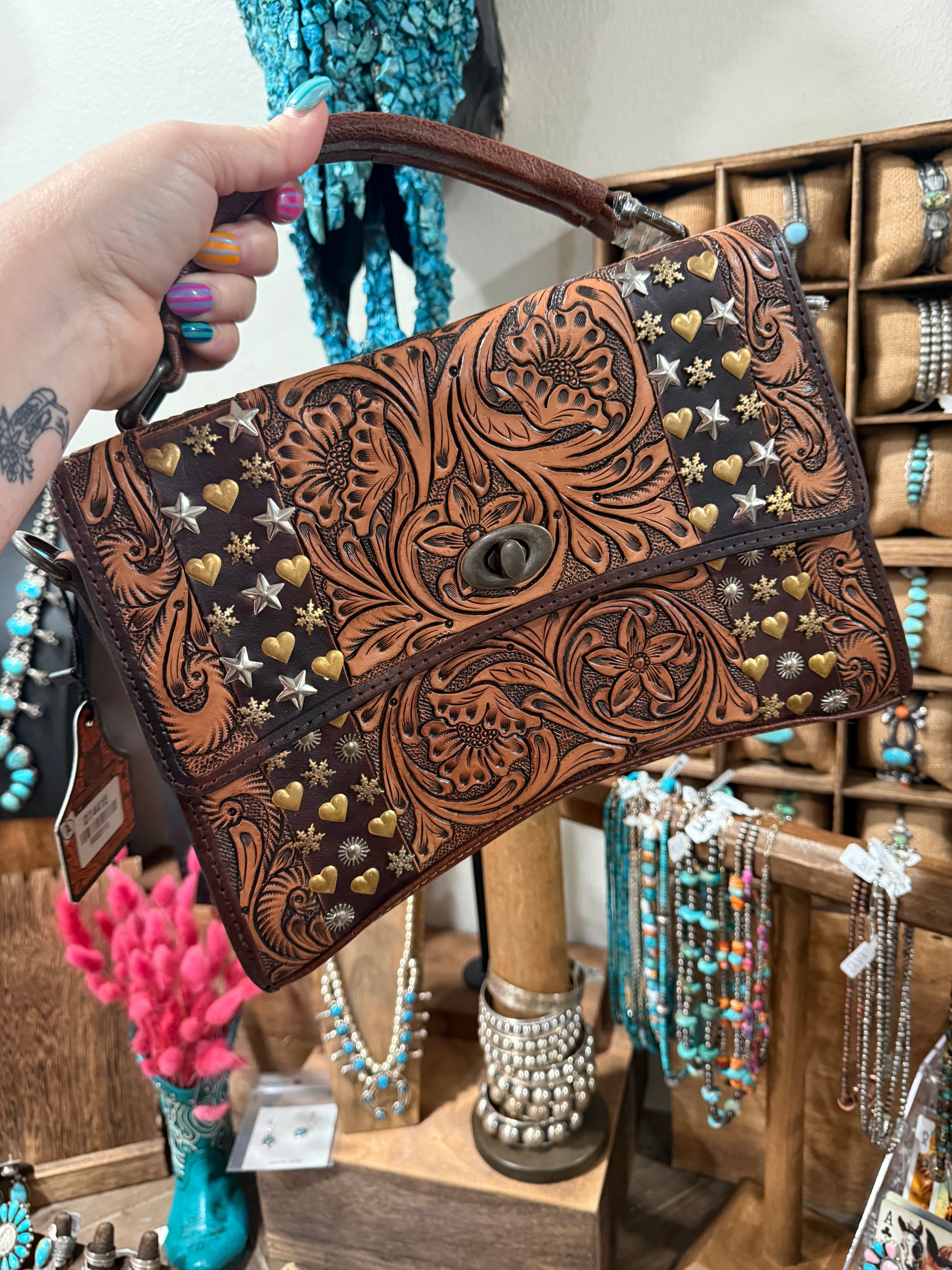 Genuine Leather Tooled Handbag with Studded Detail