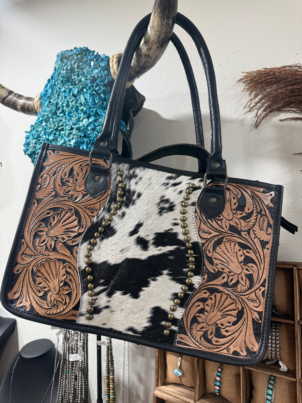 Studded Genuine Leather and Cowhide Handbag