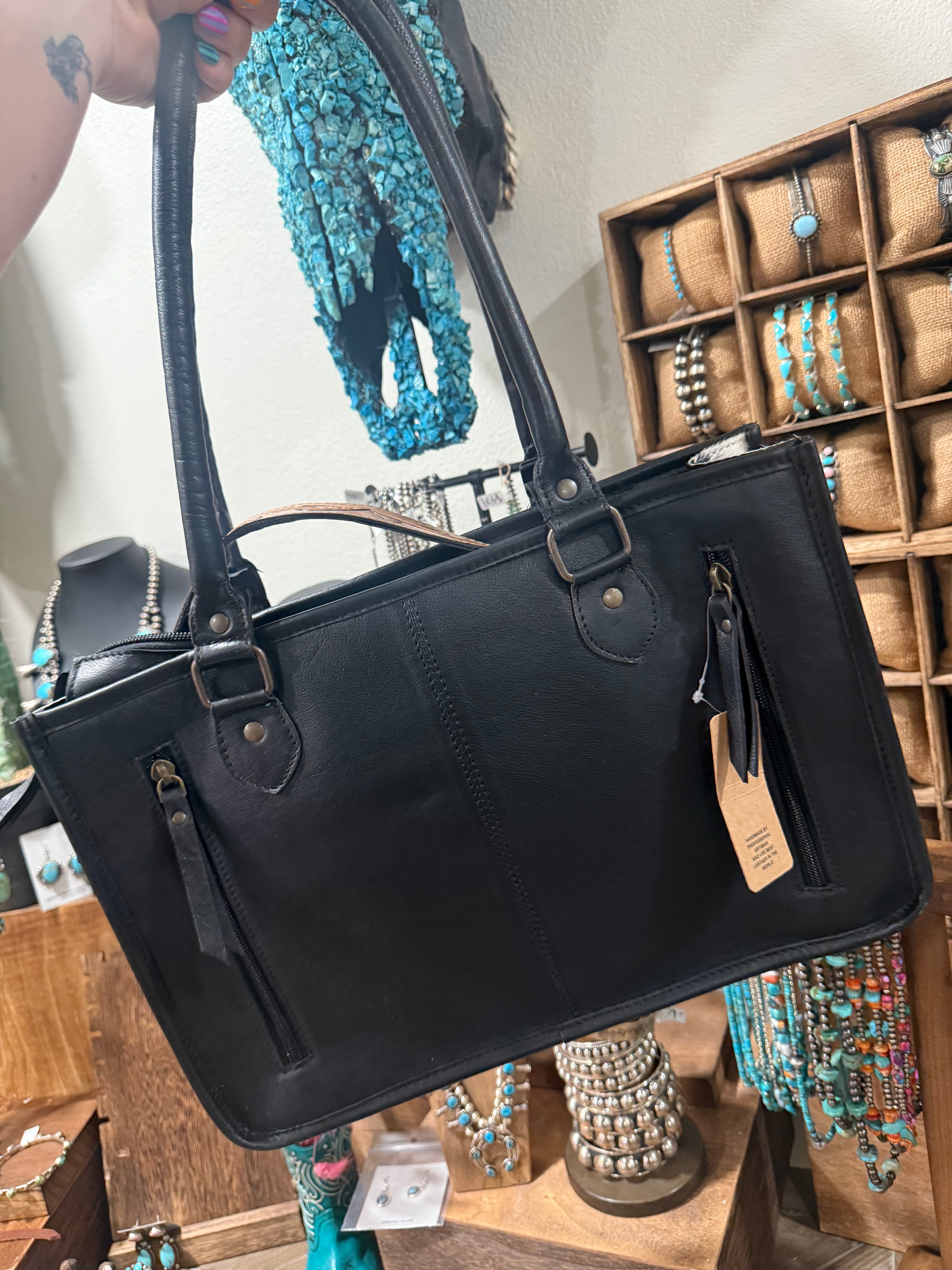 Studded Genuine Leather and Cowhide Handbag