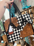 Genuine Leather Tooled & Checkered Print Handbag
