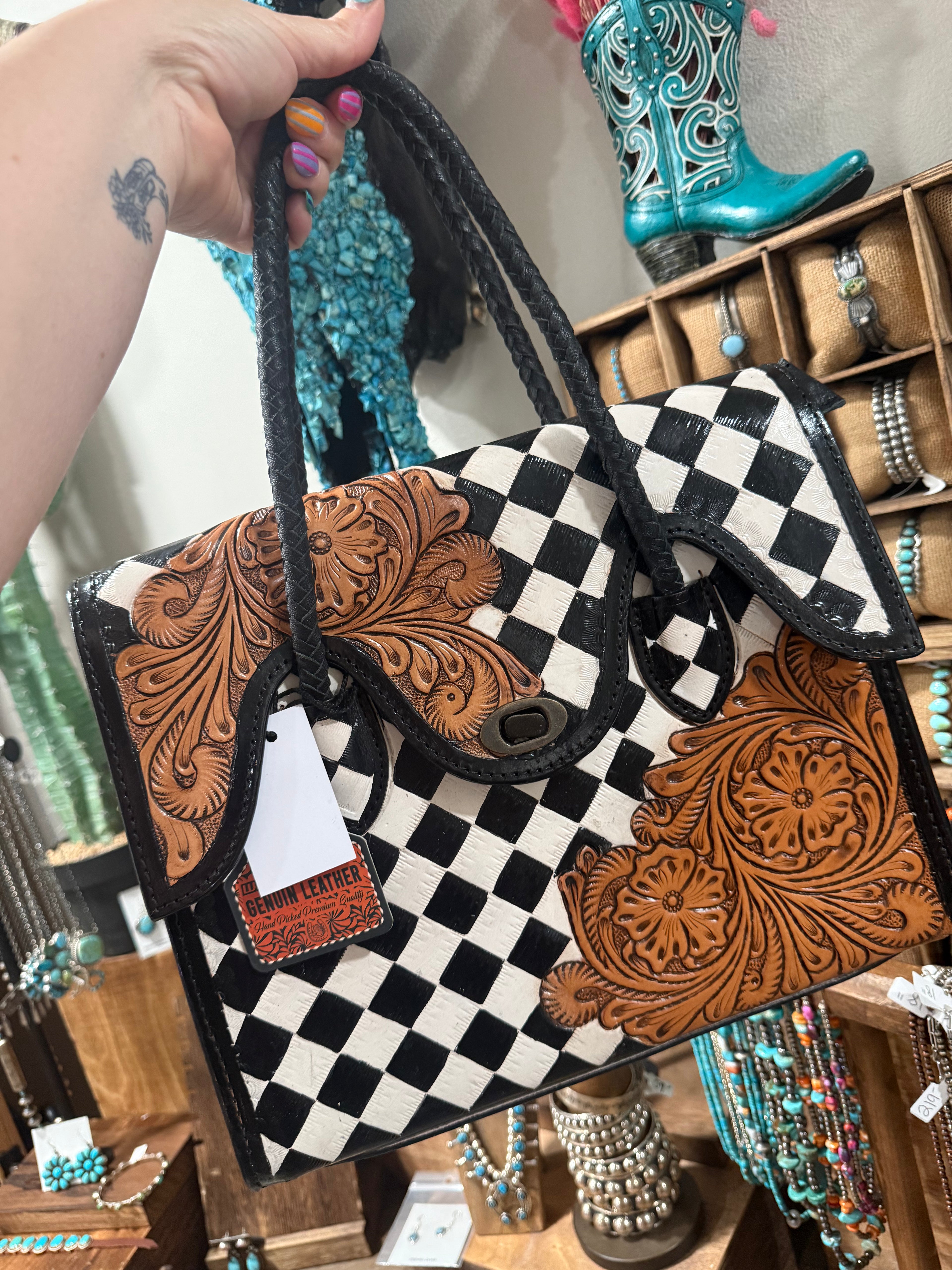 Genuine Leather Tooled & Checkered Print Handbag