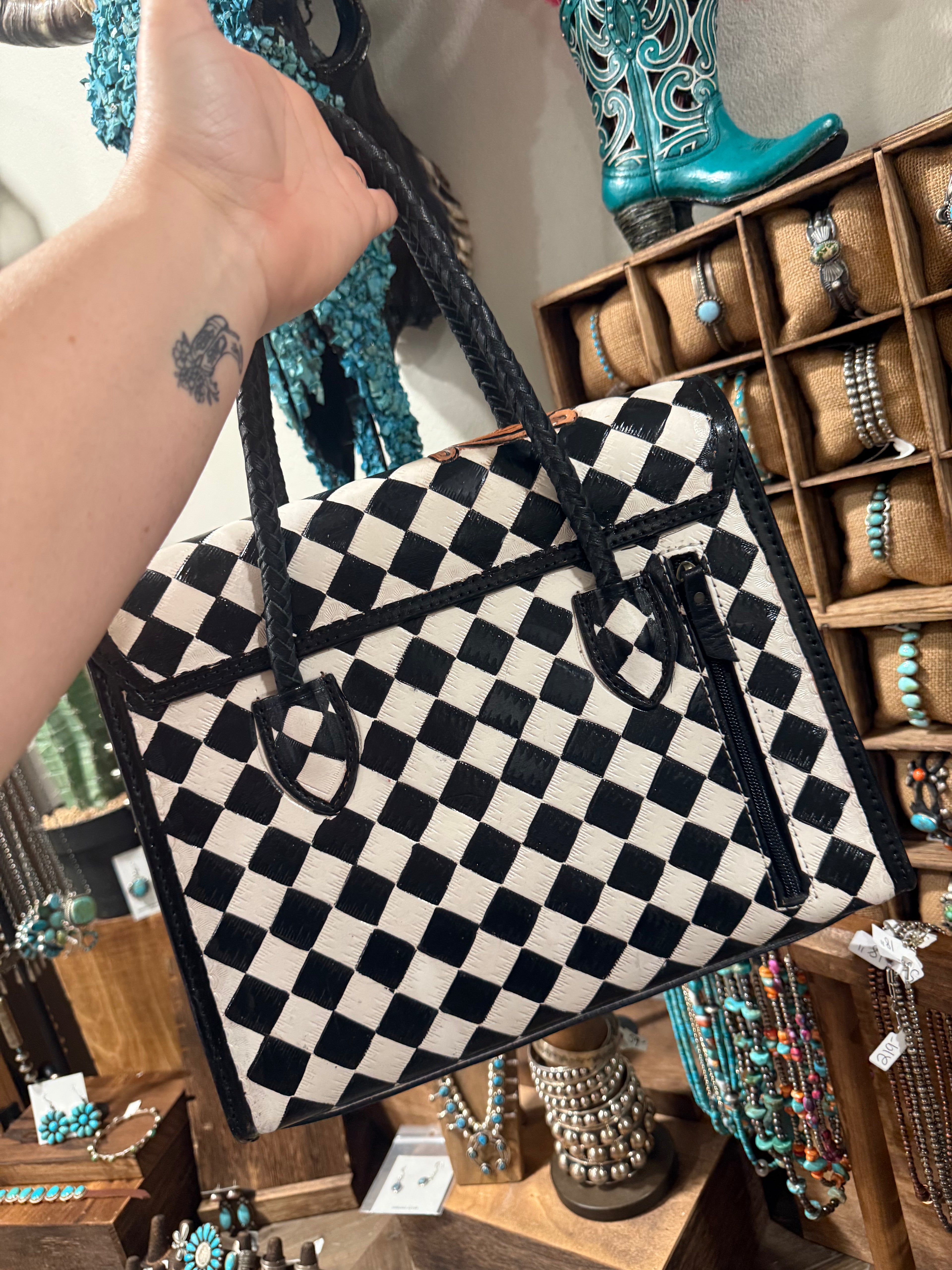 Genuine Leather Tooled & Checkered Print Handbag