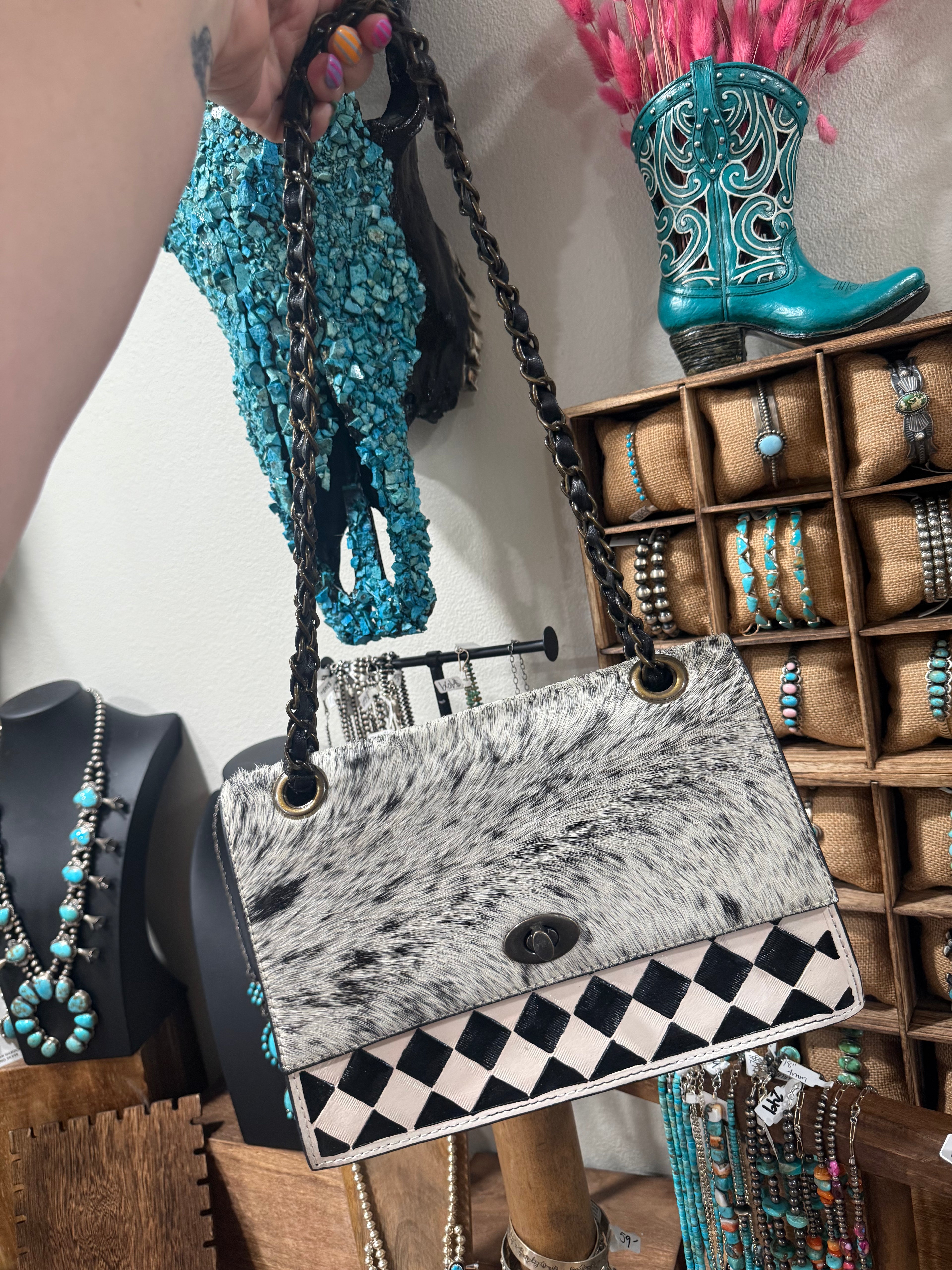 Genuine Leather and Cowhide Checkered Print Handbag