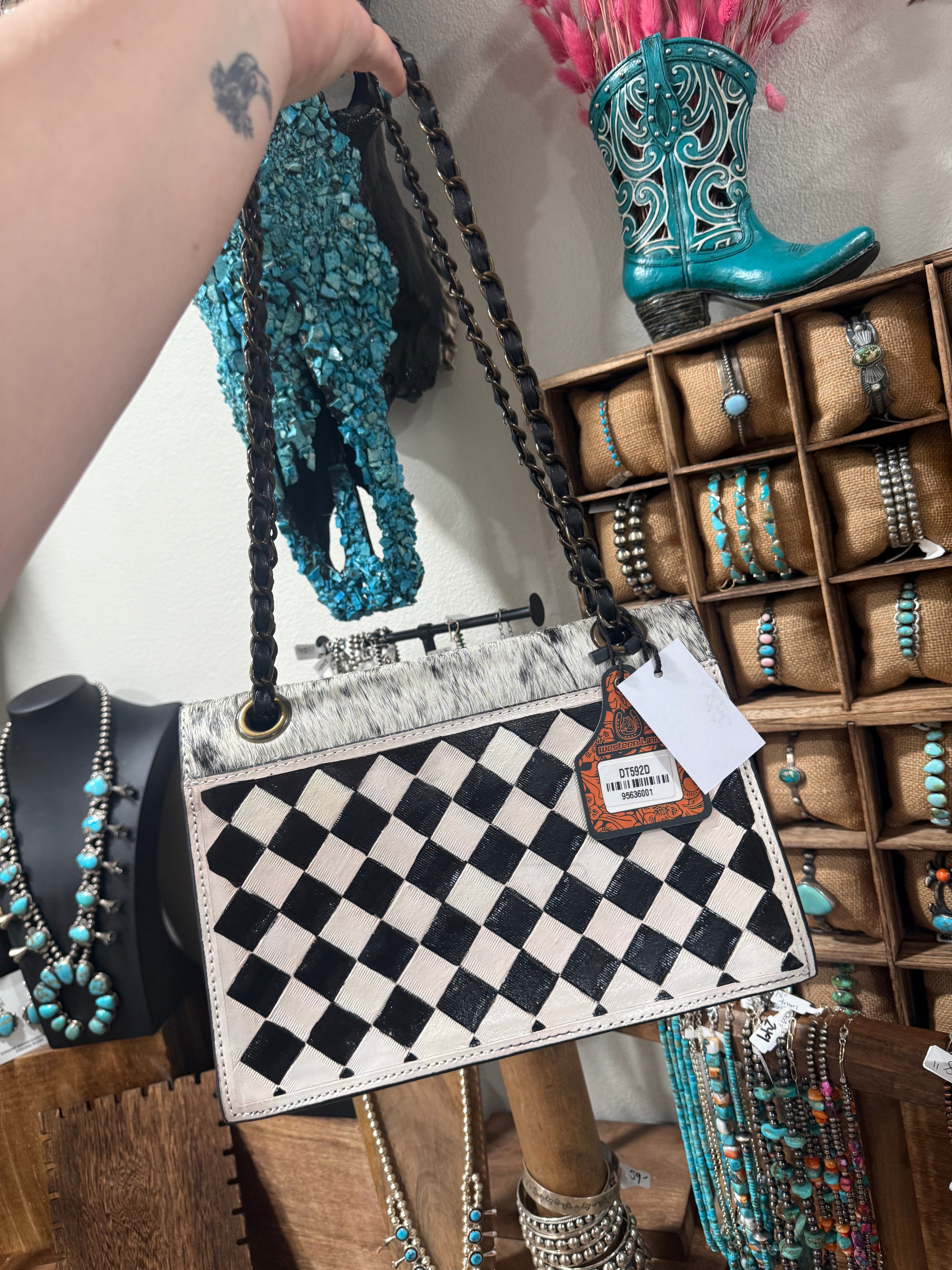 Genuine Leather and Cowhide Checkered Print Handbag