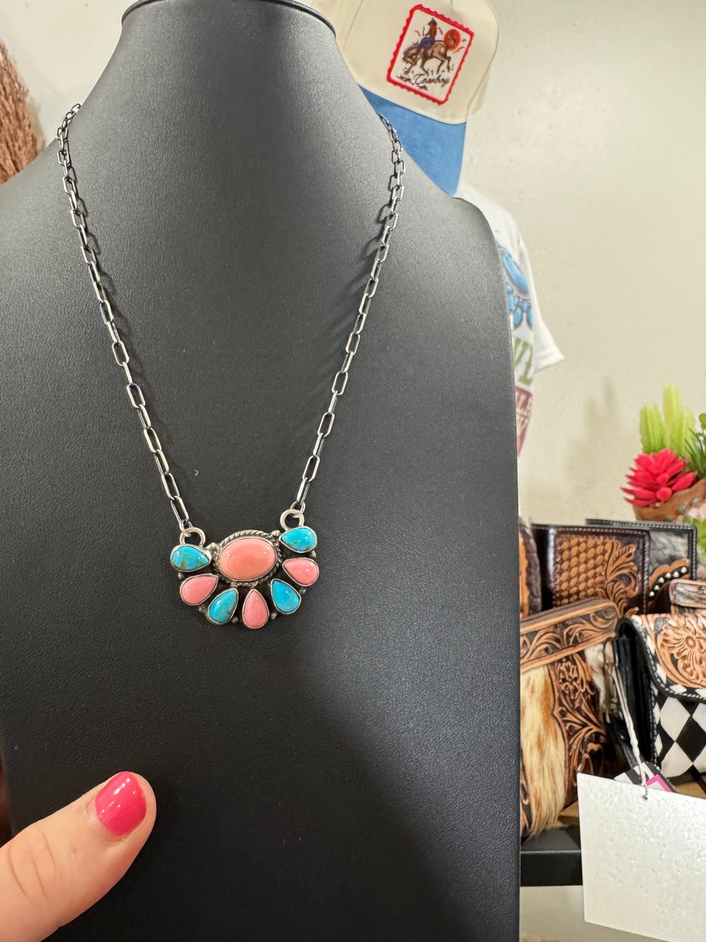 Half Cluster Kingman and Pink Conch Necklace by Marcella James