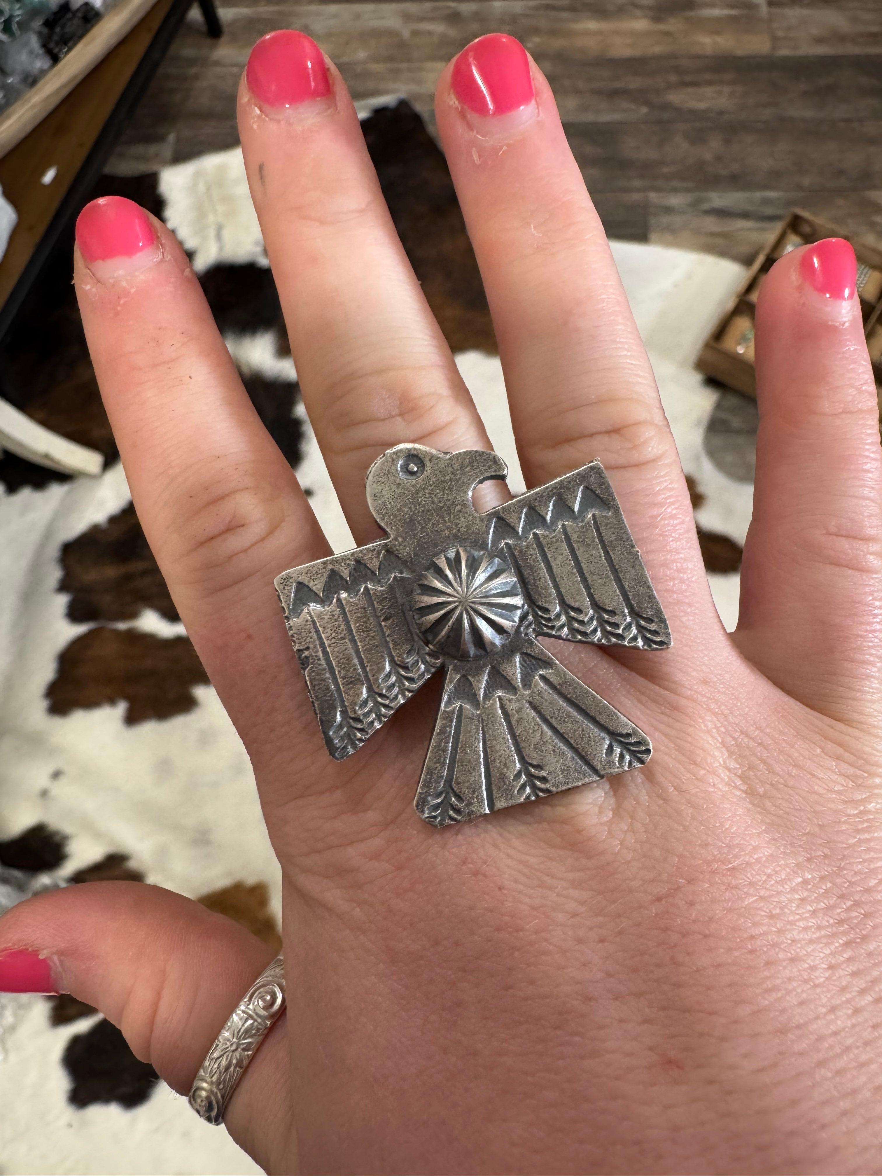Sterling Silver Adjustable Thunderbird Ring- Stamped KB