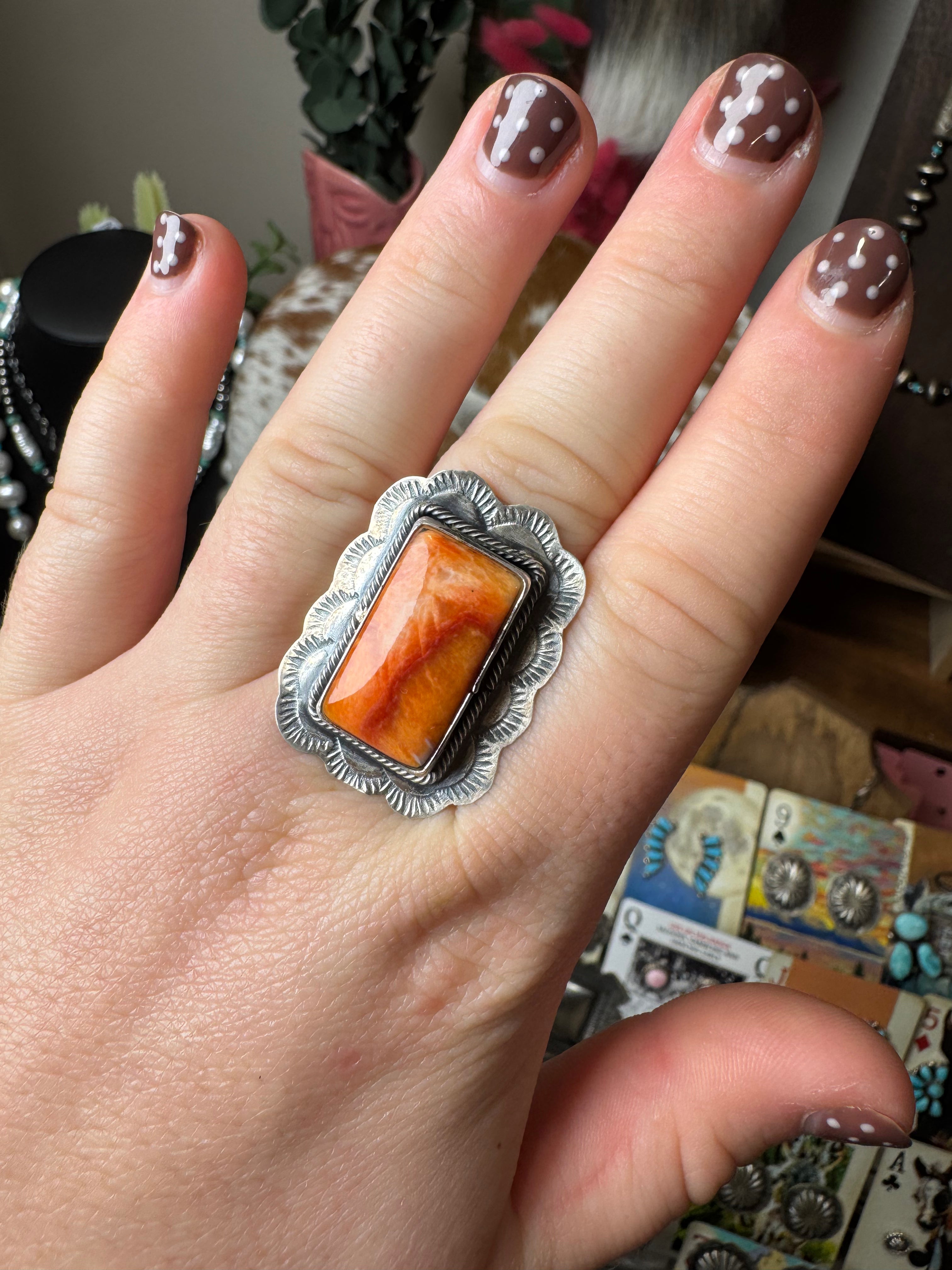 Orange Spiny Adjustable Ring- Stamped Sterling and CP