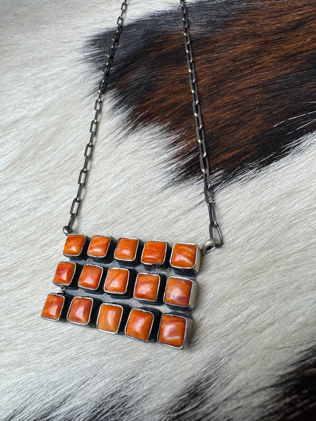 Orange Spiny Bar Necklace- Stamped Sterling and Sheila